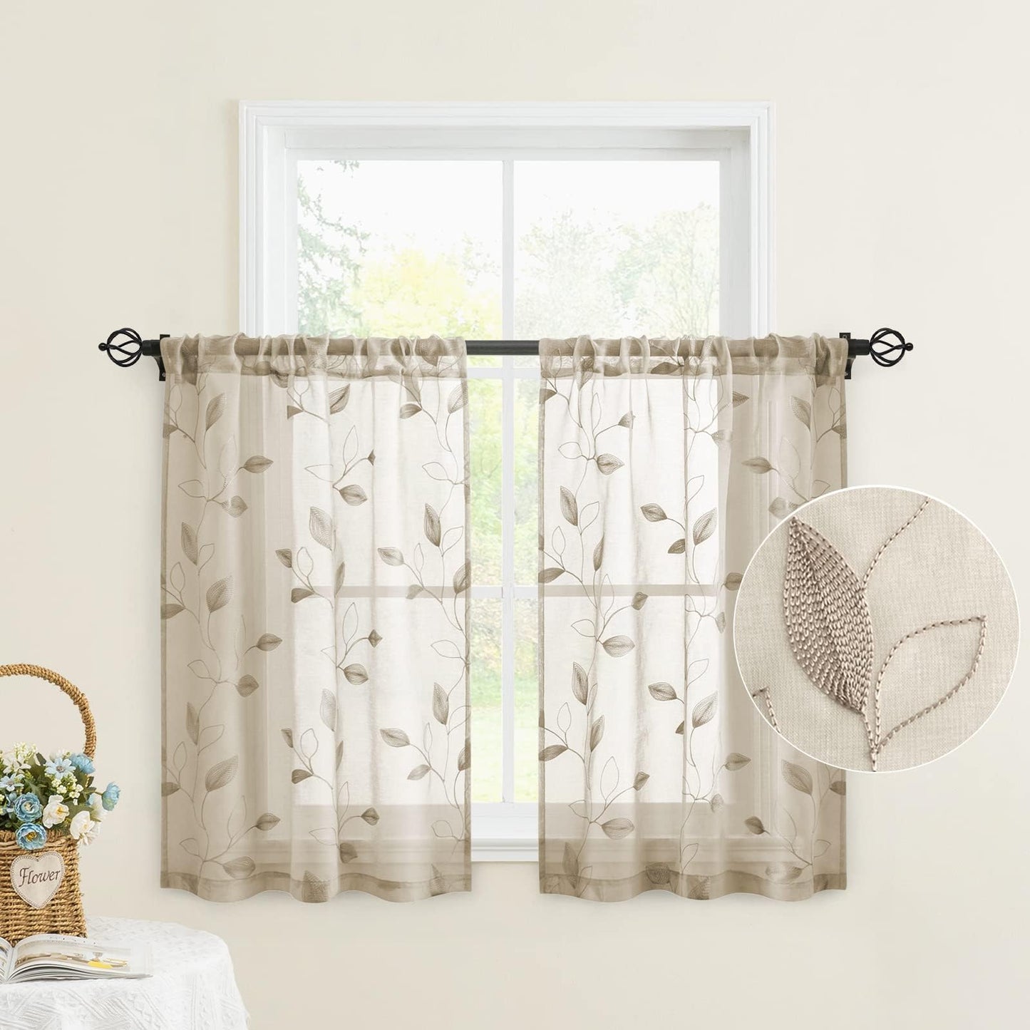 HOMEIDEAS Sheer Curtains 52x63" Green, 2 Panels