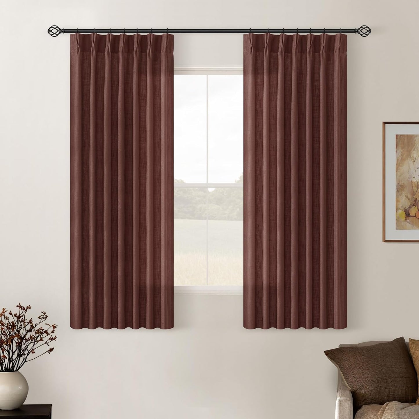 Pinch Pleated Linen Curtains 108" Beige, 2 Panels