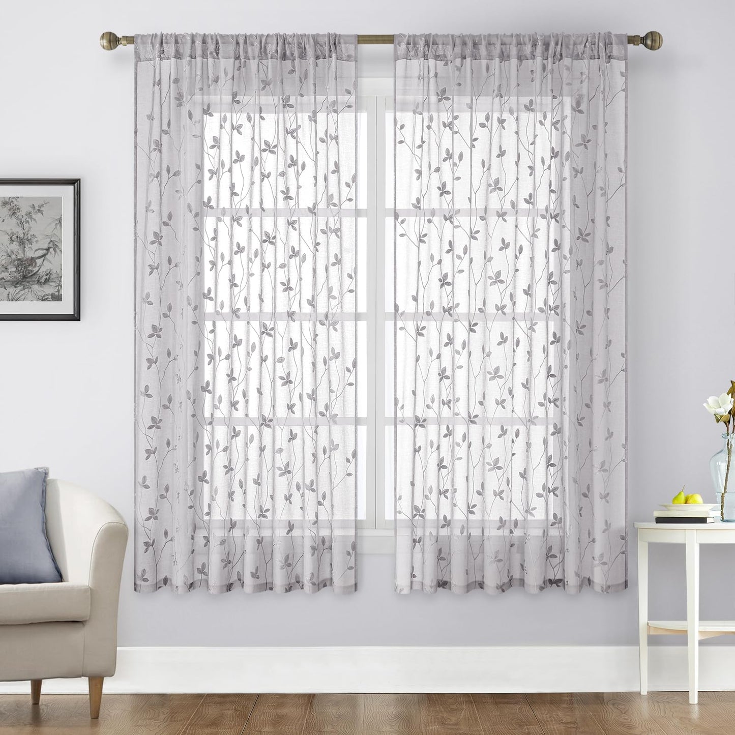 HOMEIDEAS Sheer Curtains 52x63" Green, 2 Panels