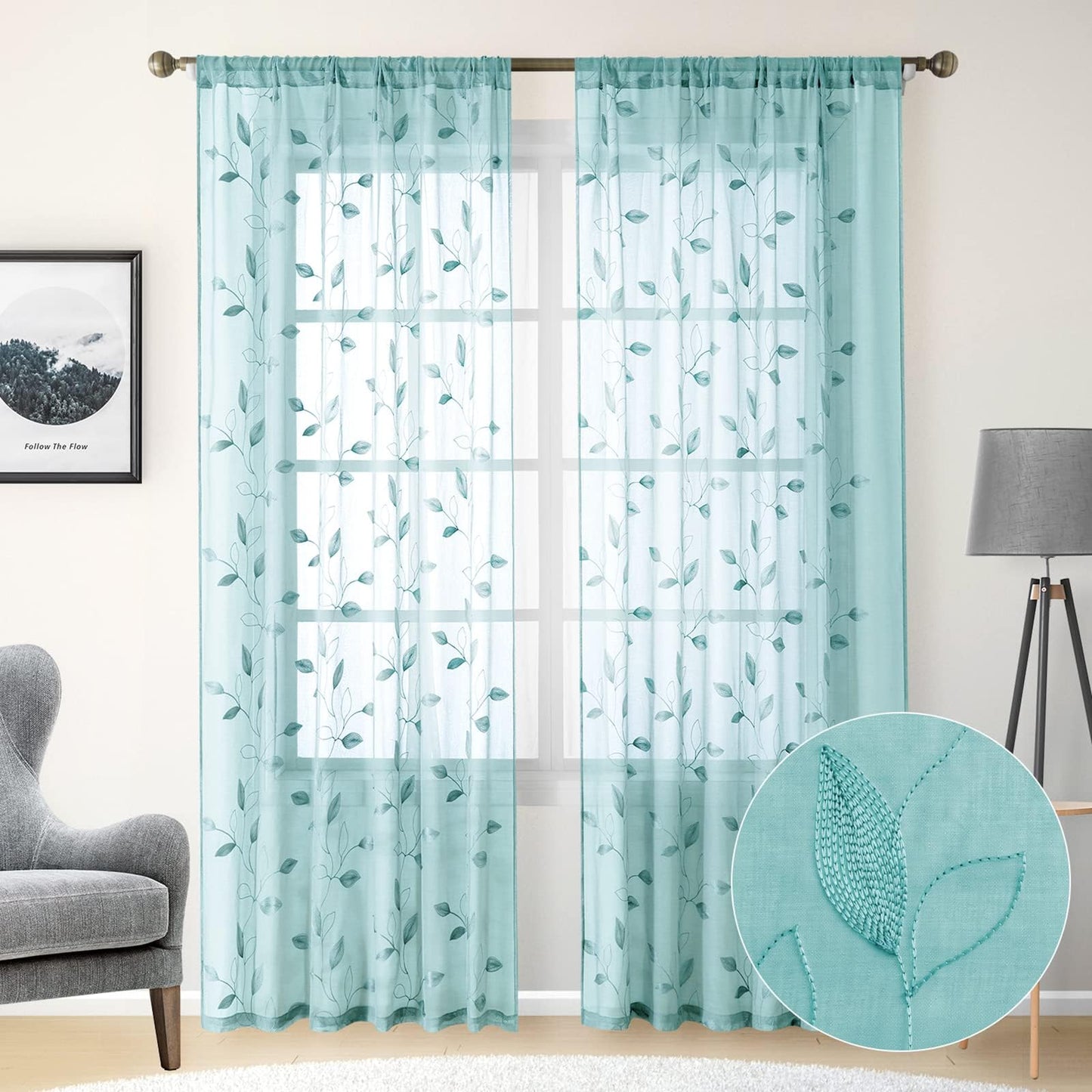 HOMEIDEAS Sheer Curtains 52x63" Green, 2 Panels