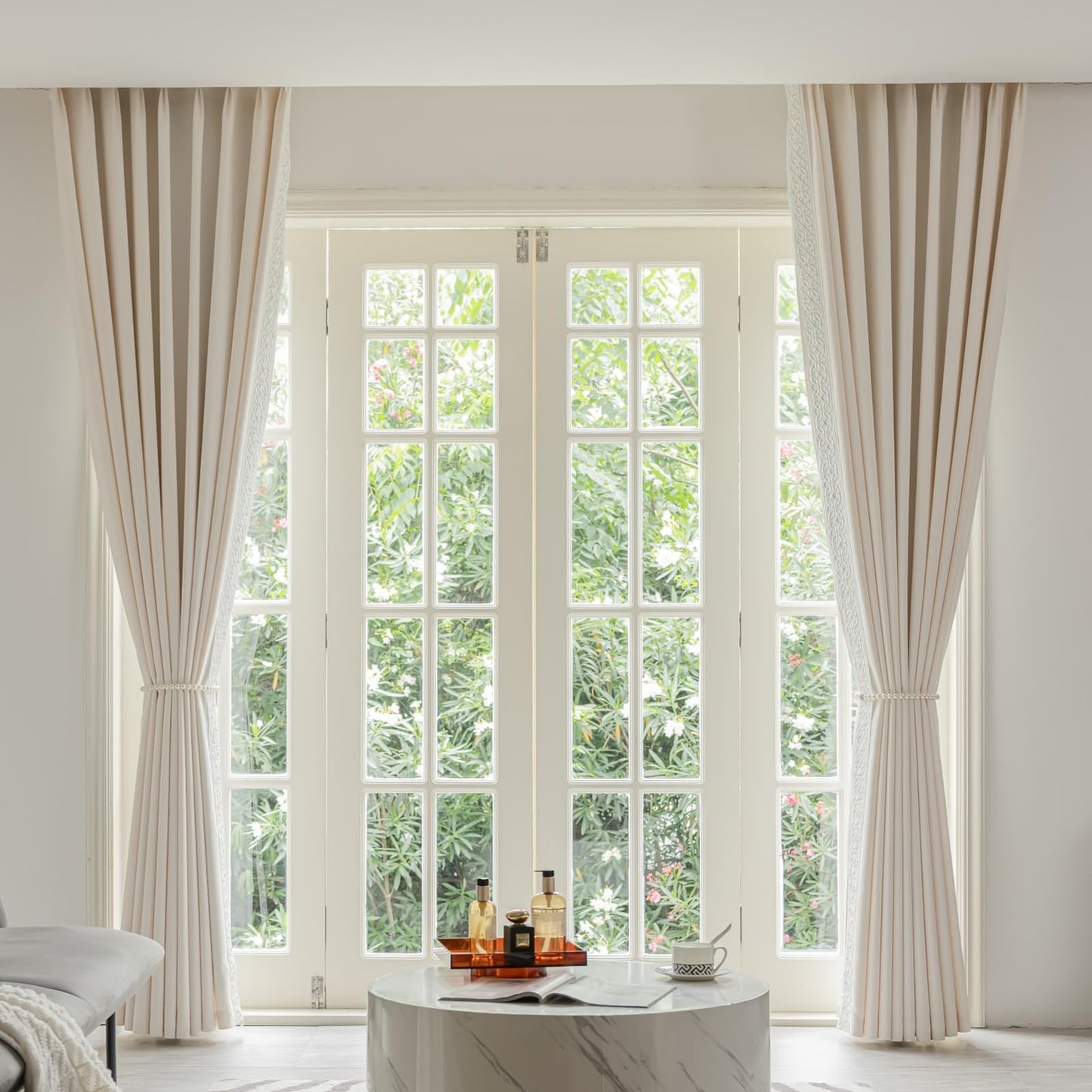 Pinch Pleat Curtains, with Geometric Trim Design
