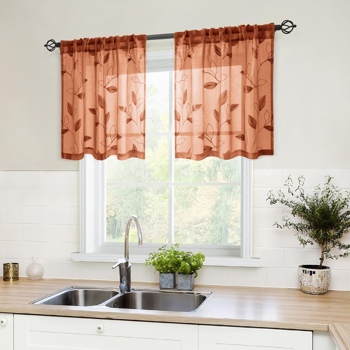 HOMEIDEAS Sheer Curtains 52x63" Green, 2 Panels