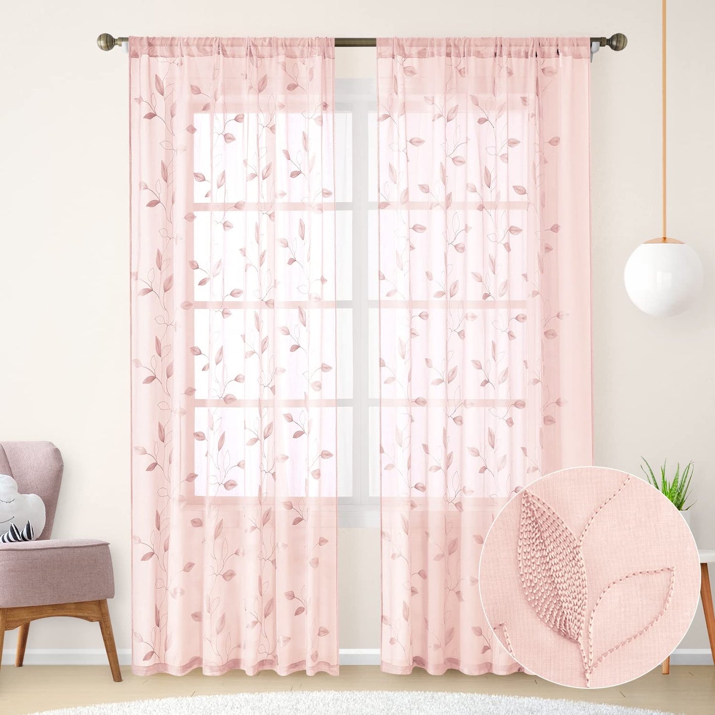 HOMEIDEAS Sheer Curtains 52x63" Green, 2 Panels