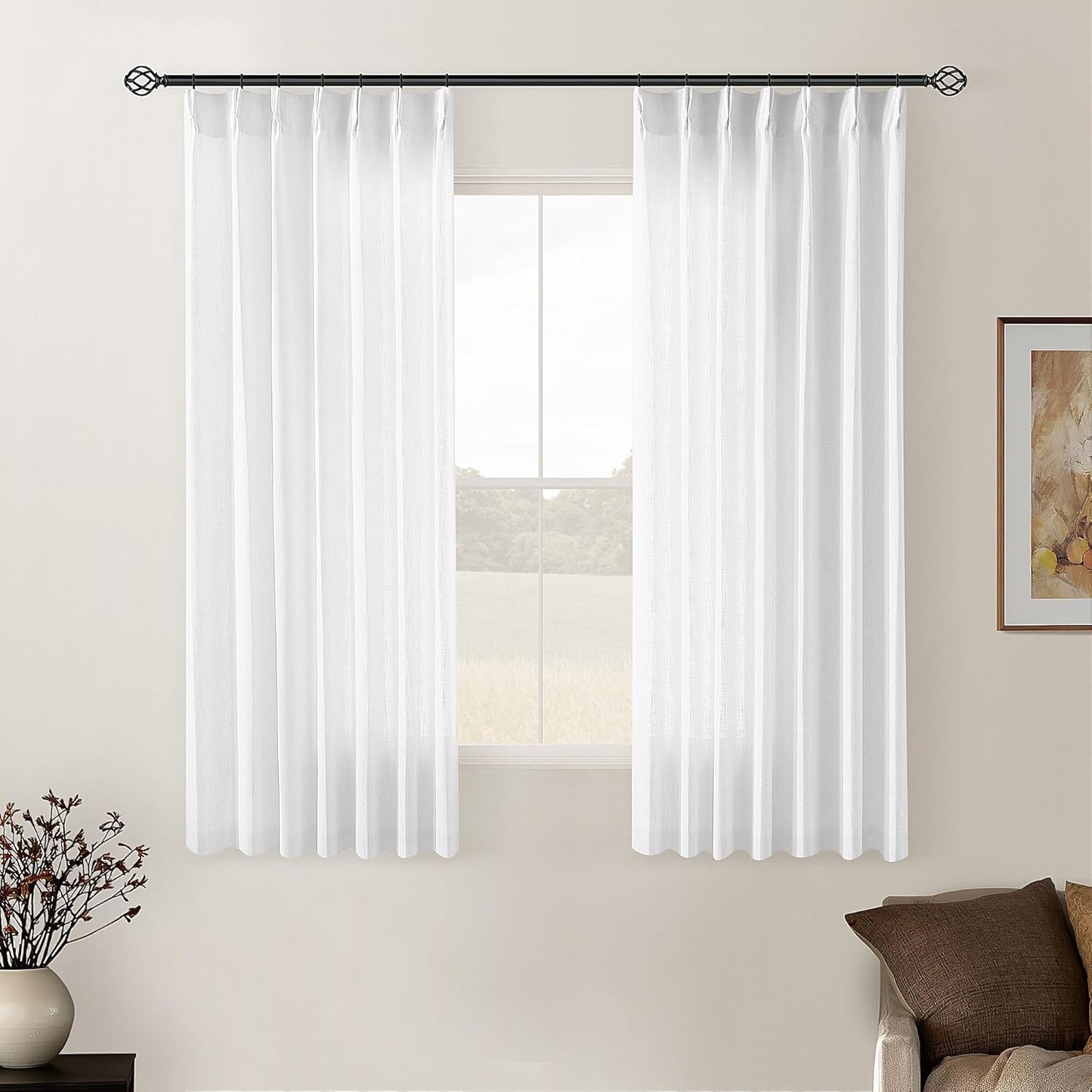 Pinch Pleated Linen Curtains 108" Beige, 2 Panels