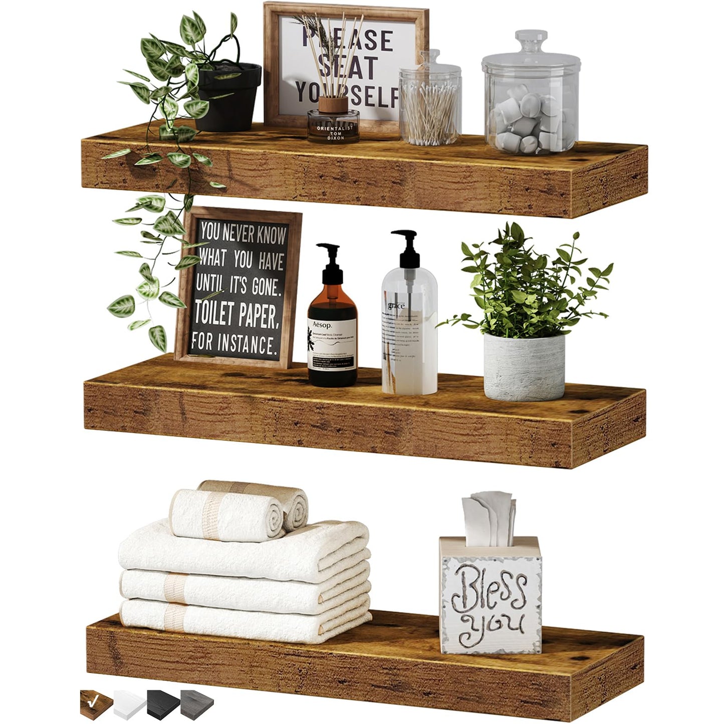 QEEIG Floating Shelves, 3pcs, Rustic Brown