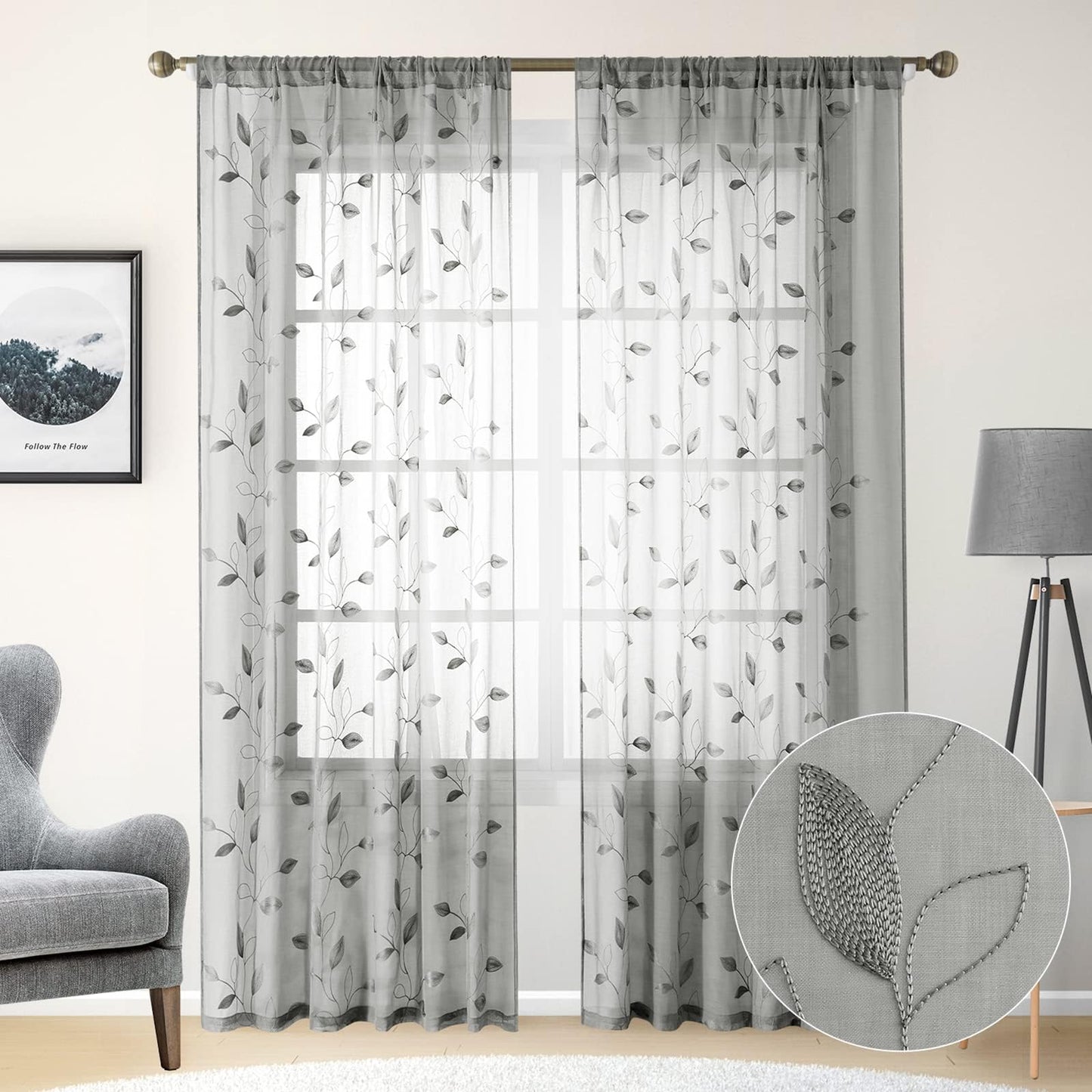 HOMEIDEAS Sheer Curtains 52x63" Green, 2 Panels
