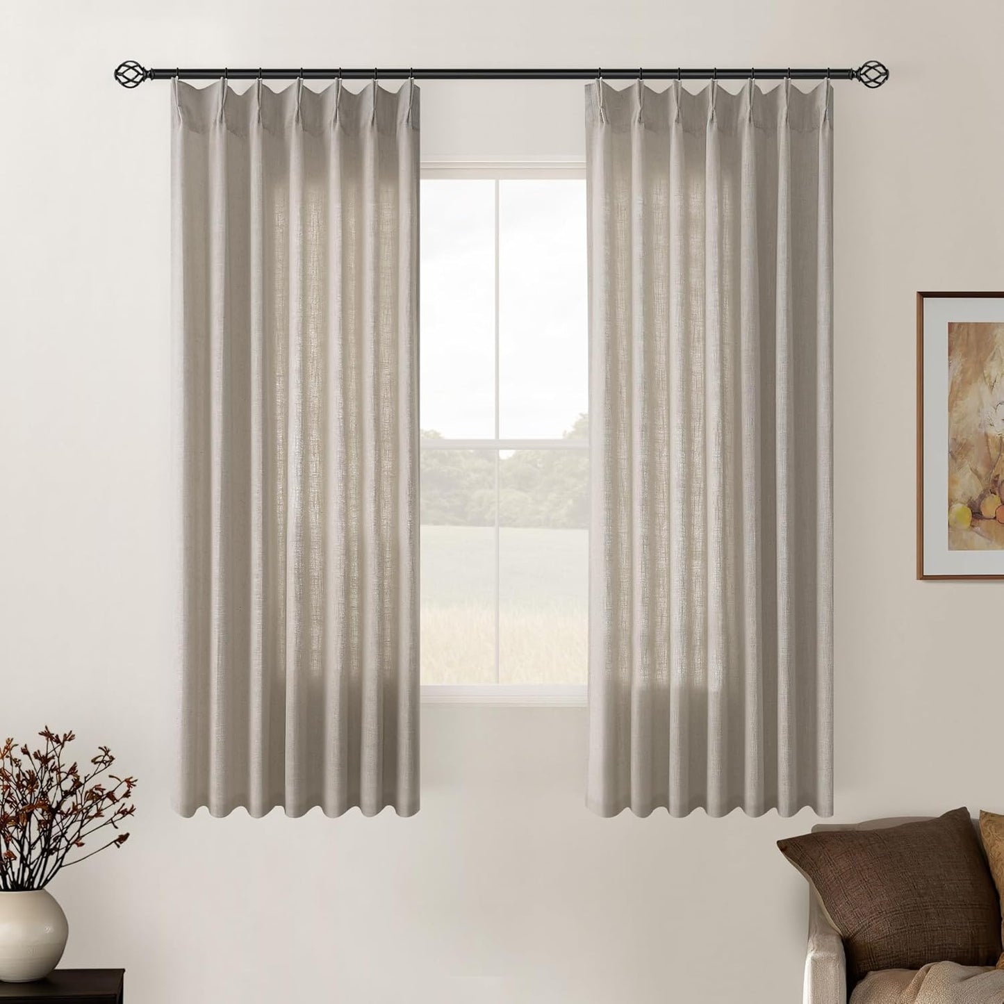 Pinch Pleated Linen Curtains 108" Beige, 2 Panels