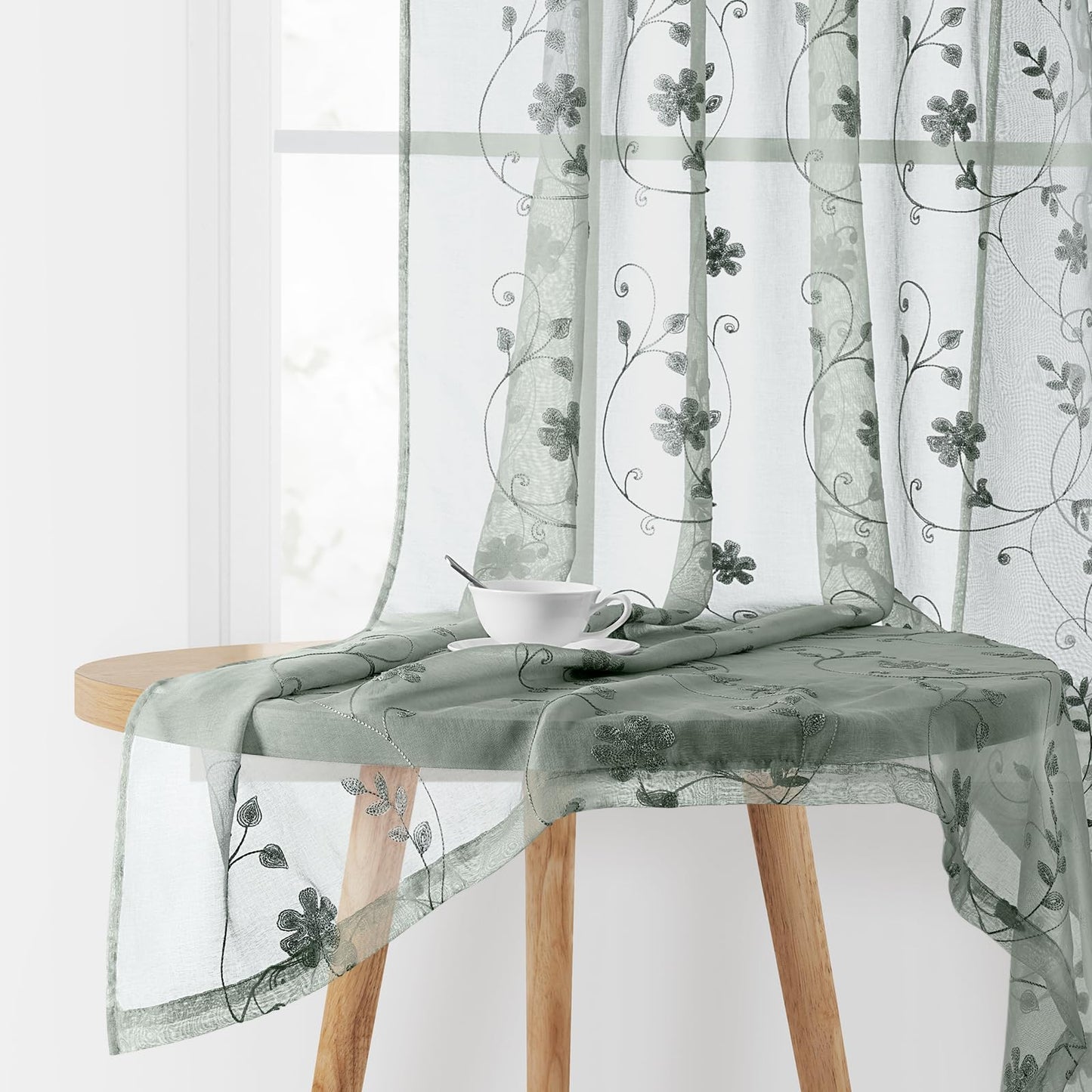 HOMEIDEAS Sheer Curtains 52x63" Green, 2 Panels