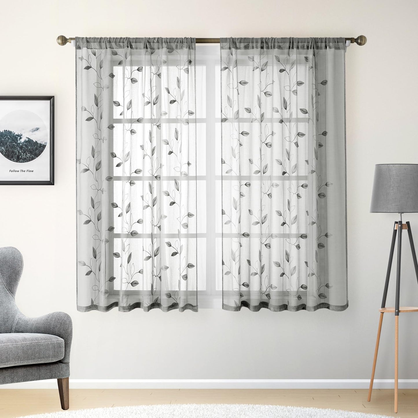 HOMEIDEAS Sheer Curtains 52x63" Green, 2 Panels