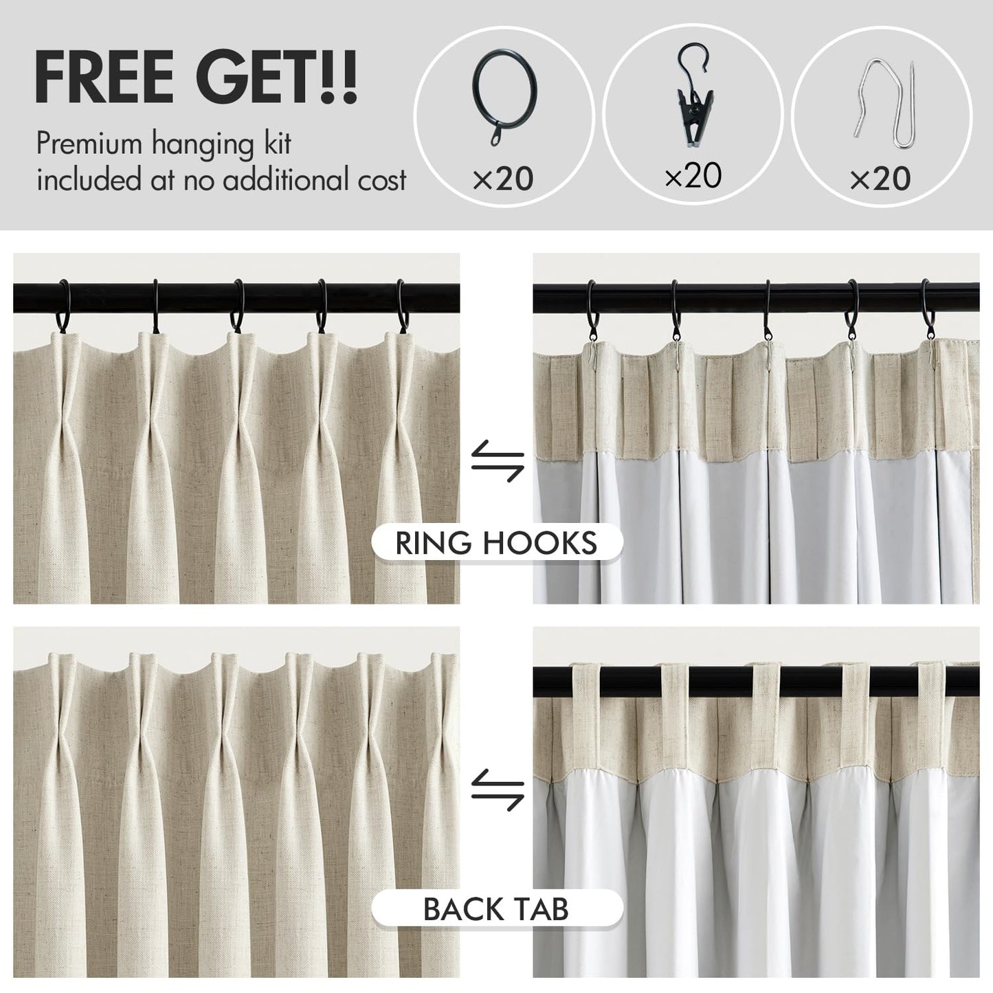 MIULEE Blackout Linen Curtains 96" 2 Panels