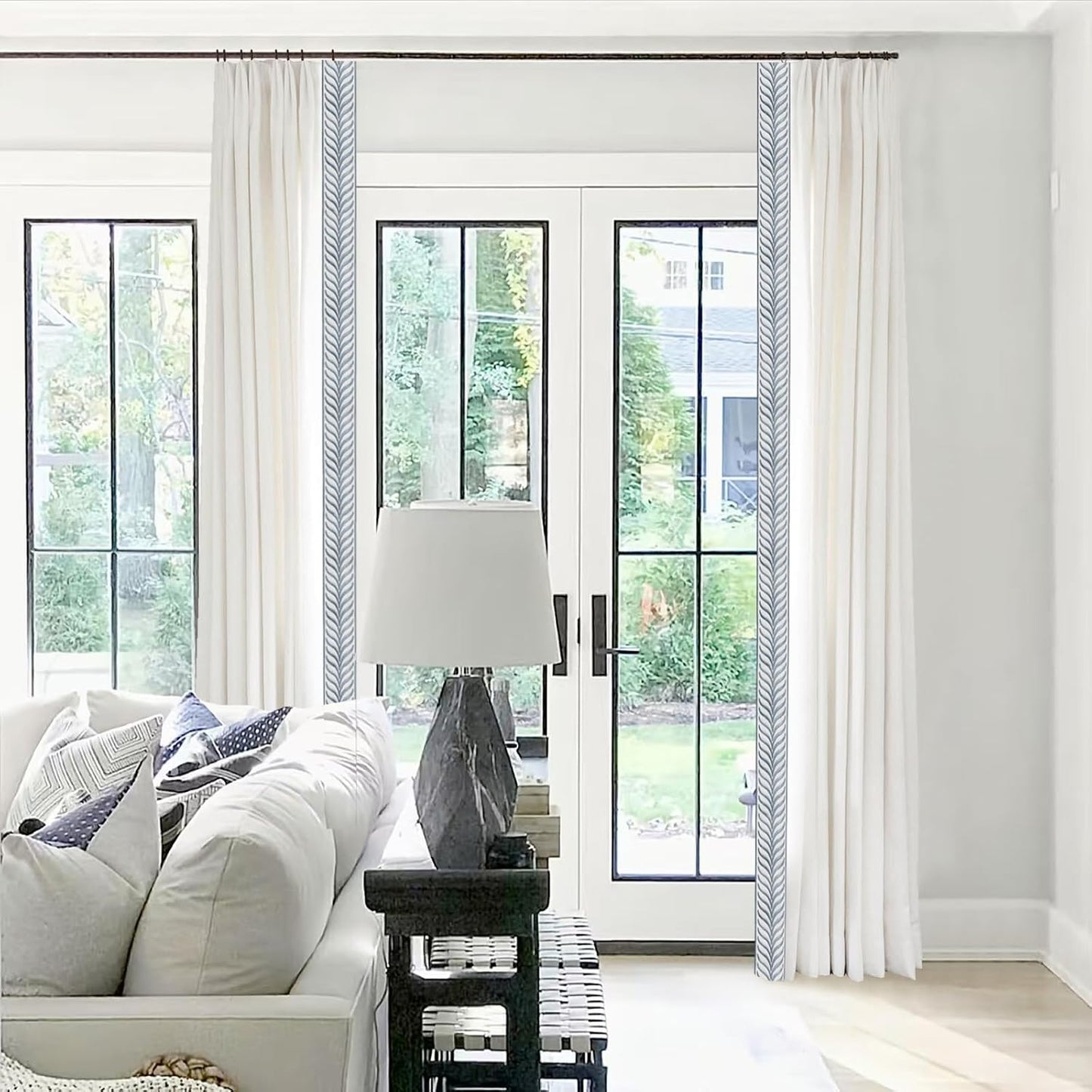 Pinch Pleat Linen Window Curtains with Blue Embroidery