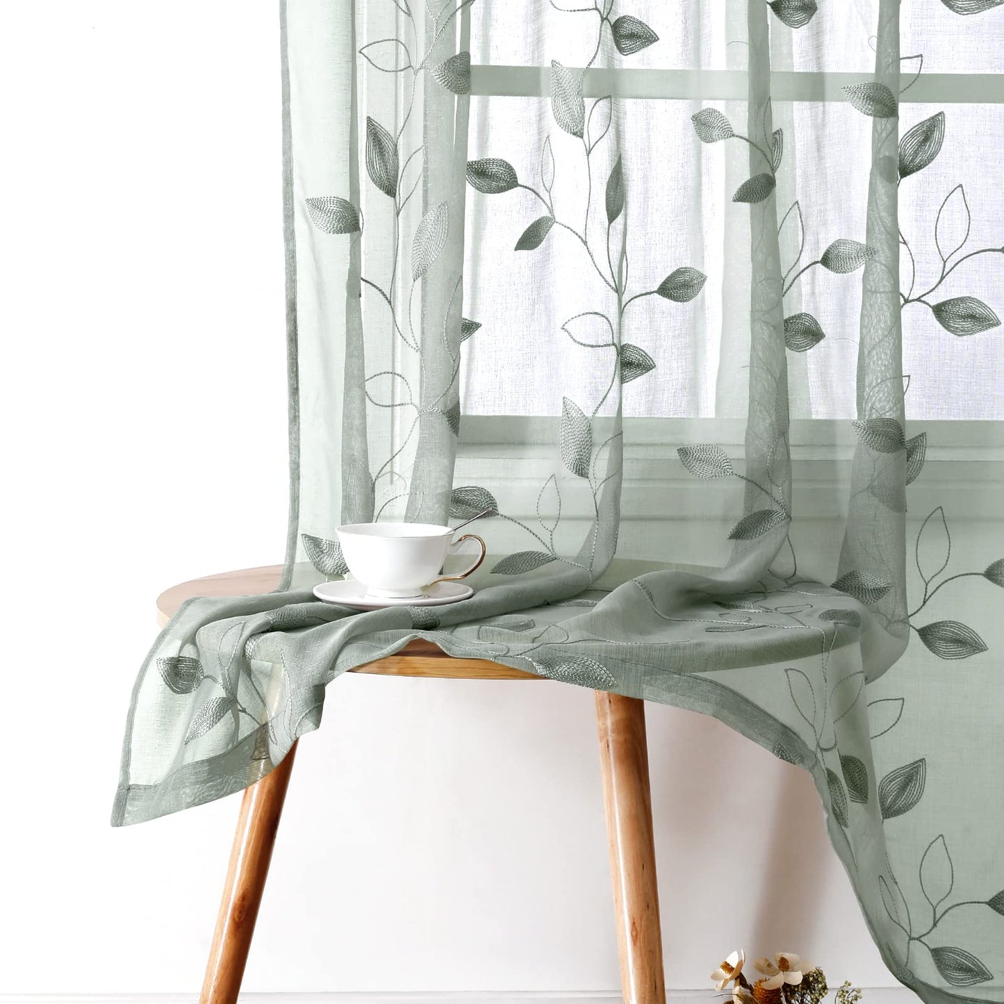 HOMEIDEAS Sheer Curtains 52x63" Green, 2 Panels
