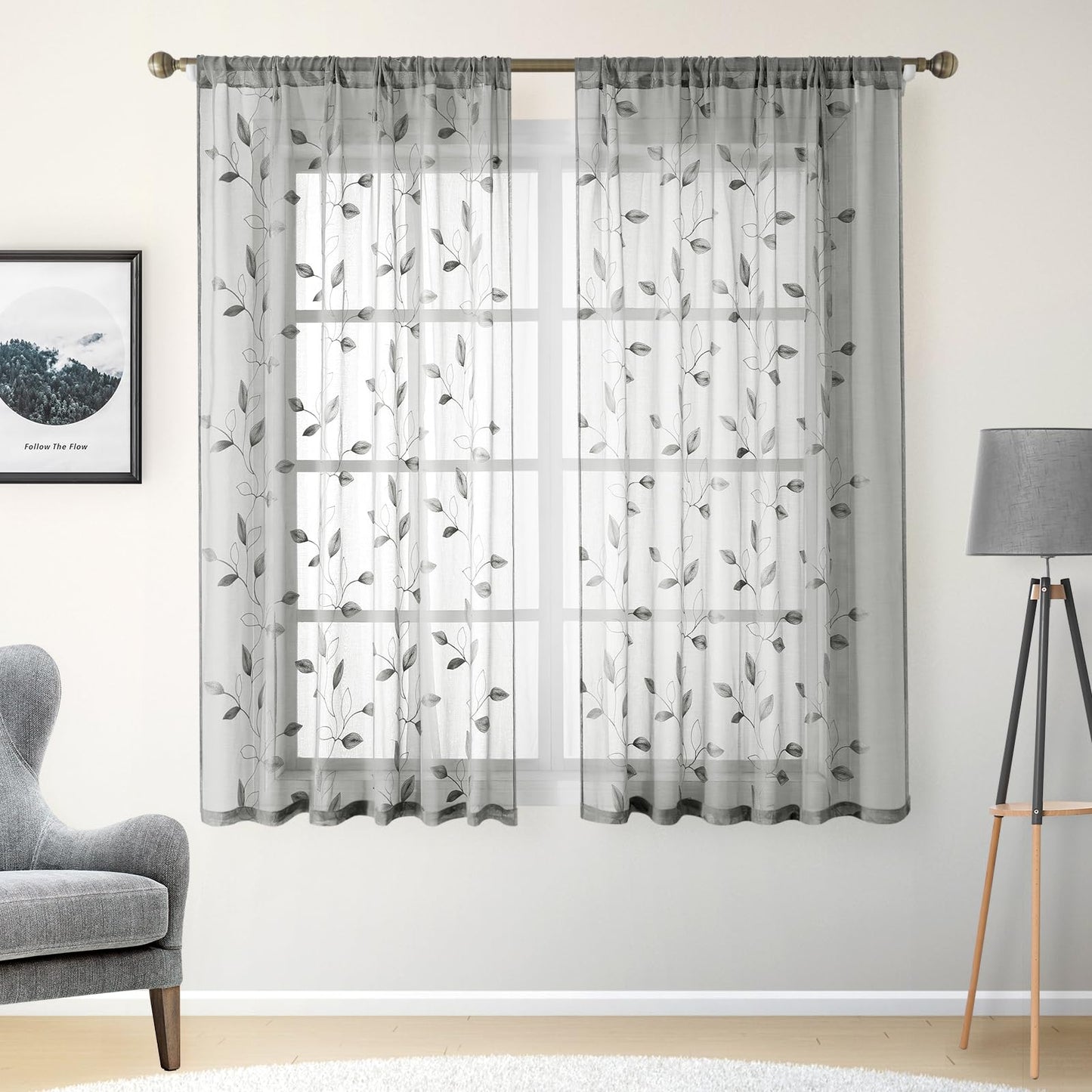 HOMEIDEAS Sheer Curtains 52x63" Green, 2 Panels