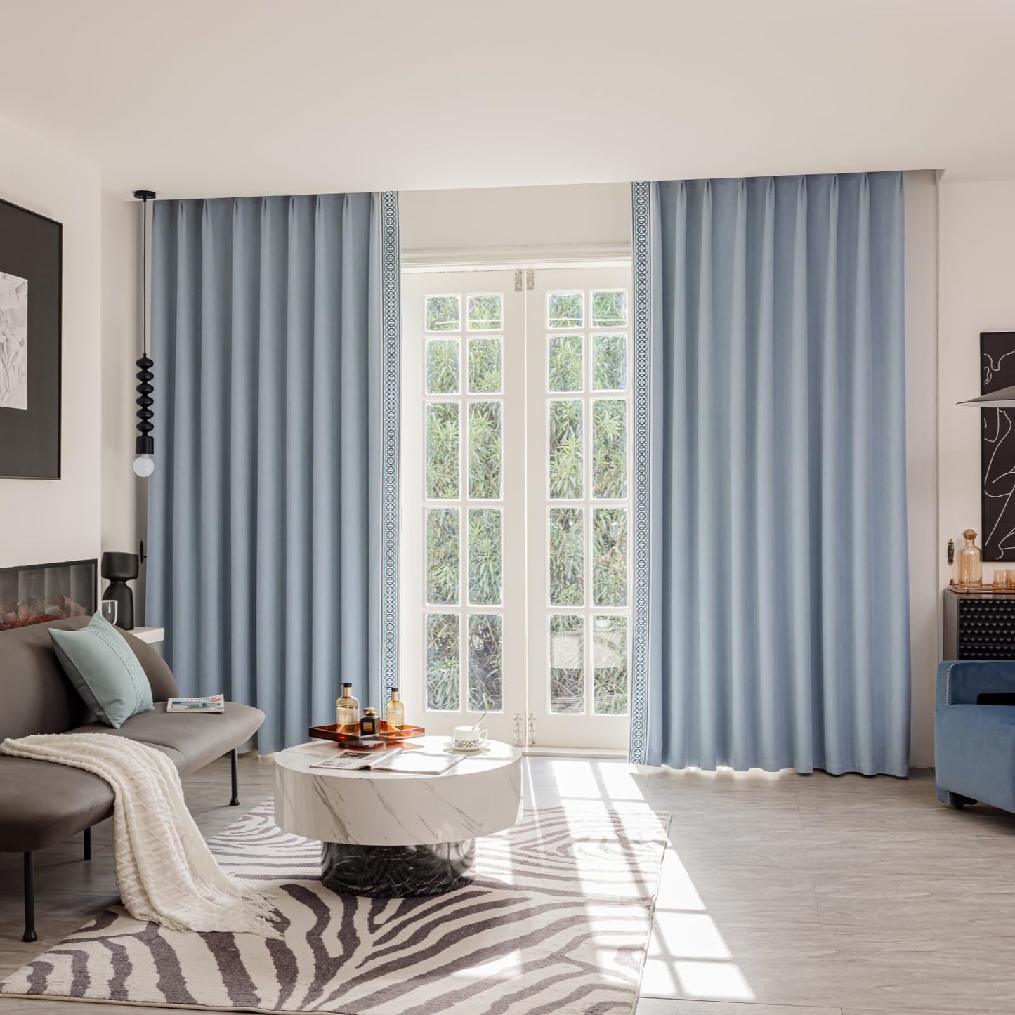Pinch Pleat Curtains, with Geometric Trim Design