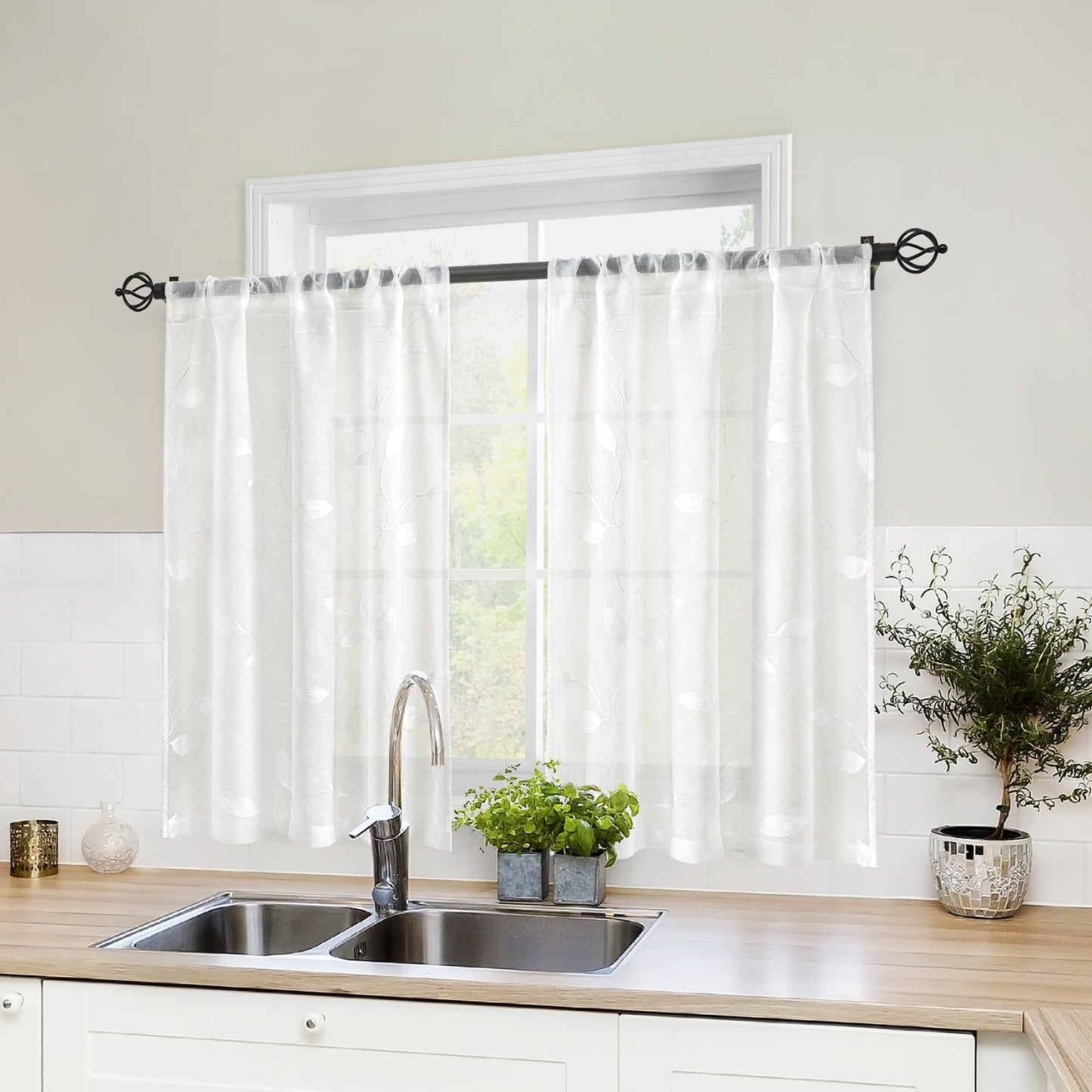 HOMEIDEAS Sheer Curtains 52x63" Green, 2 Panels