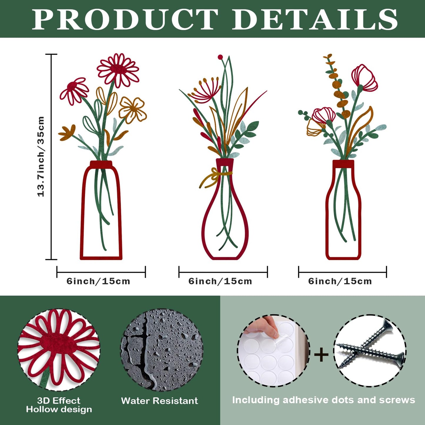 Pigort Metal Flower Wall Art, Beige, 3pcs