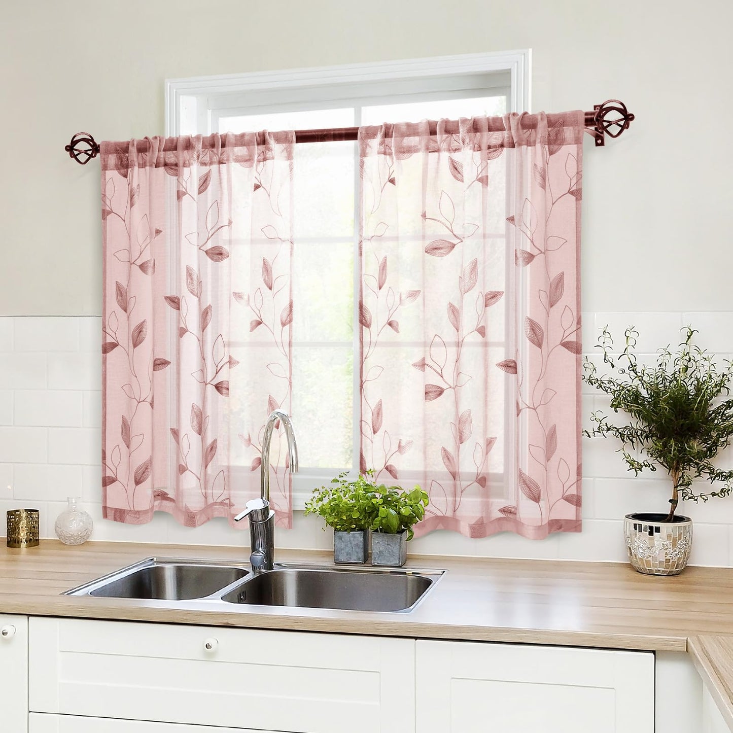 HOMEIDEAS Sheer Curtains 52x63" Green, 2 Panels