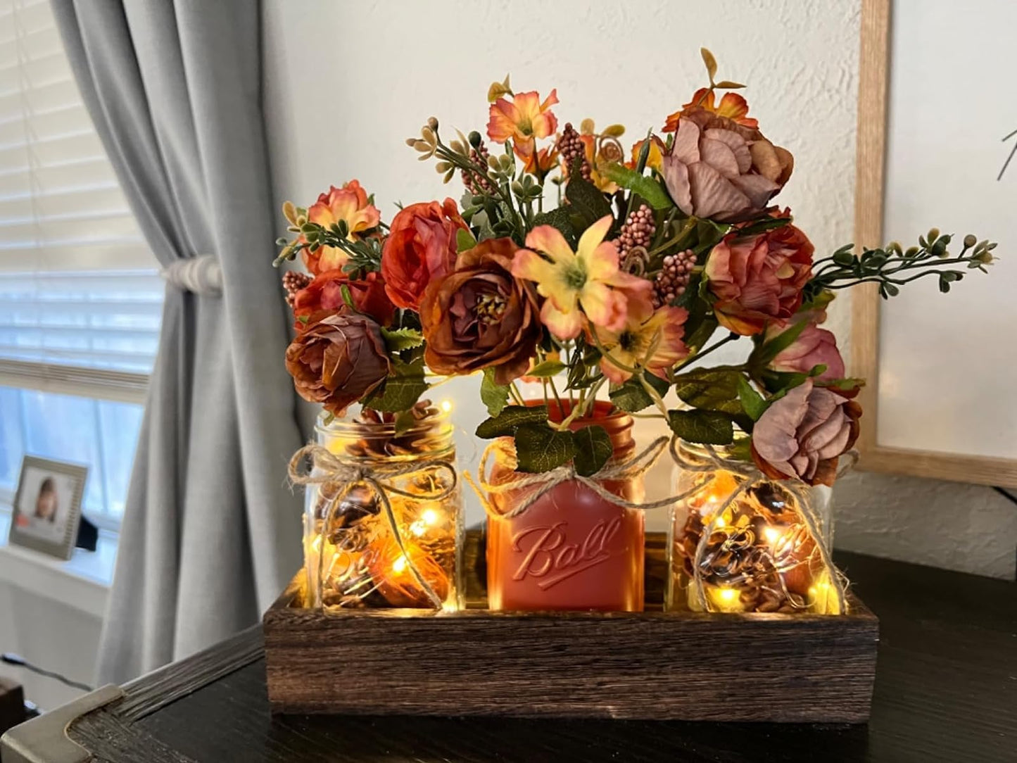 3 Pcs Mason Jar Centerpiece with Tray & Lights – Orange