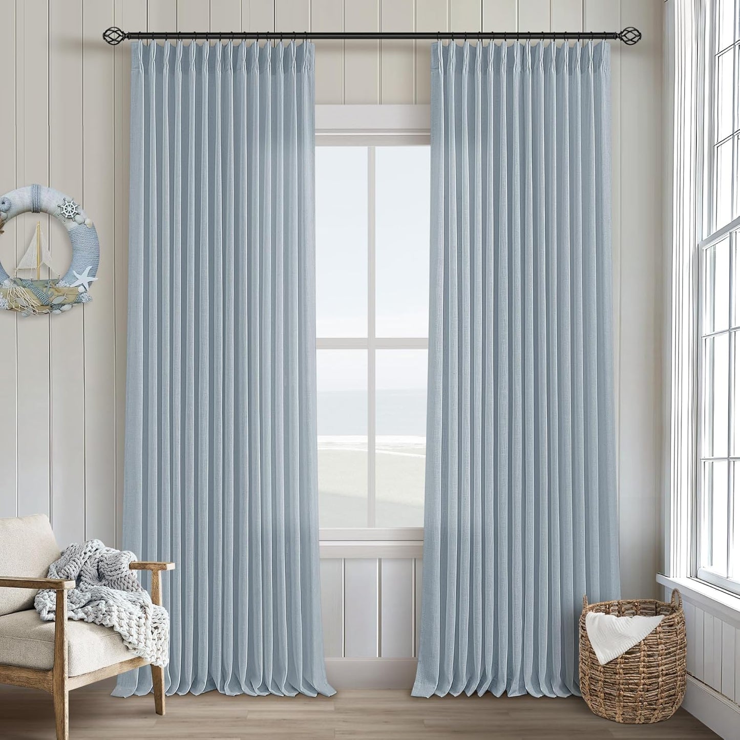 Pinch Pleated Linen Curtains 108" Beige, 2 Panels