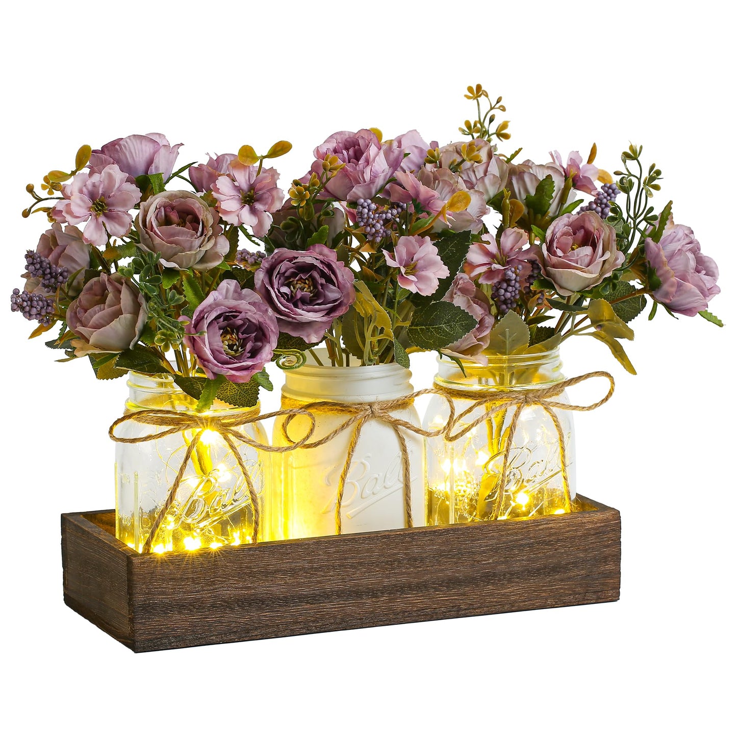 3 Pcs Mason Jar Centerpiece with Tray & Lights – Orange