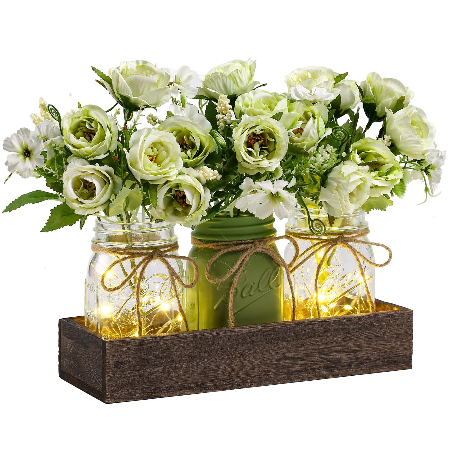 3 Pcs Mason Jar Centerpiece with Tray & Lights – Orange