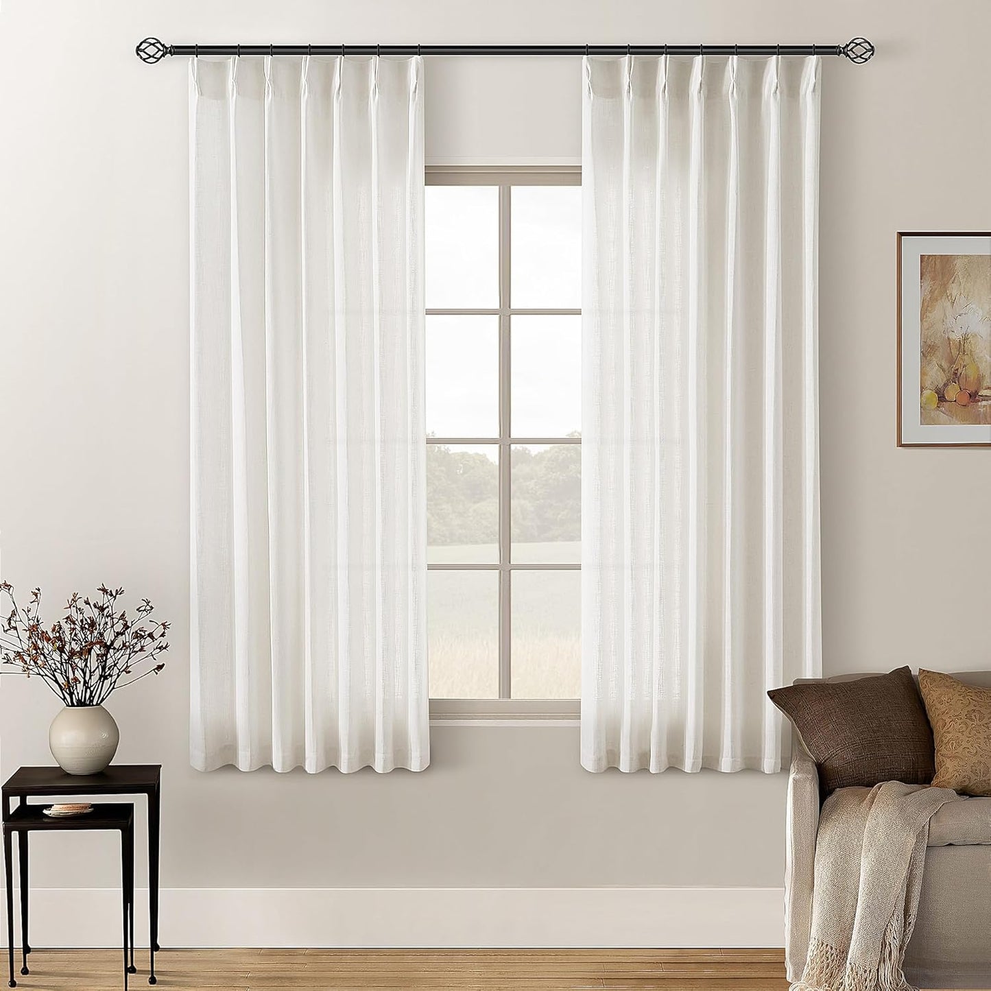 Pinch Pleated Linen Curtains 108" Beige, 2 Panels