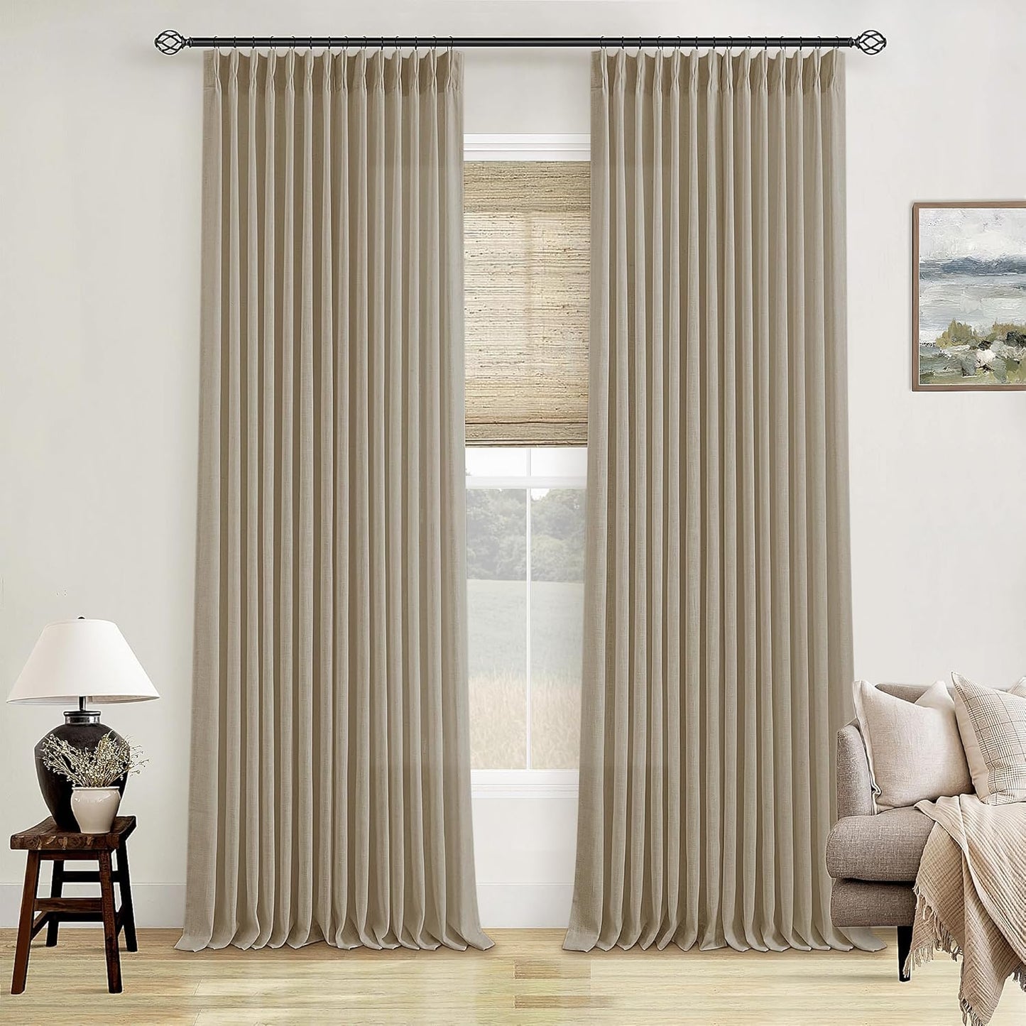 Pinch Pleated Linen Curtains 108" Beige, 2 Panels