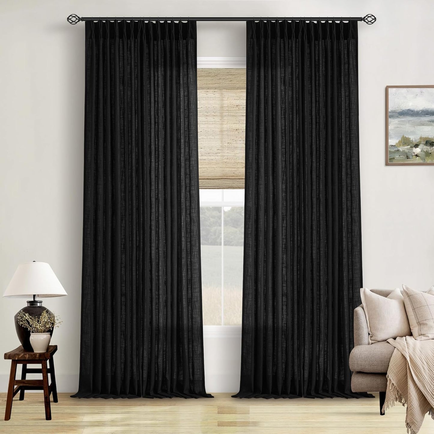 Pinch Pleated Linen Curtains 108" Beige, 2 Panels