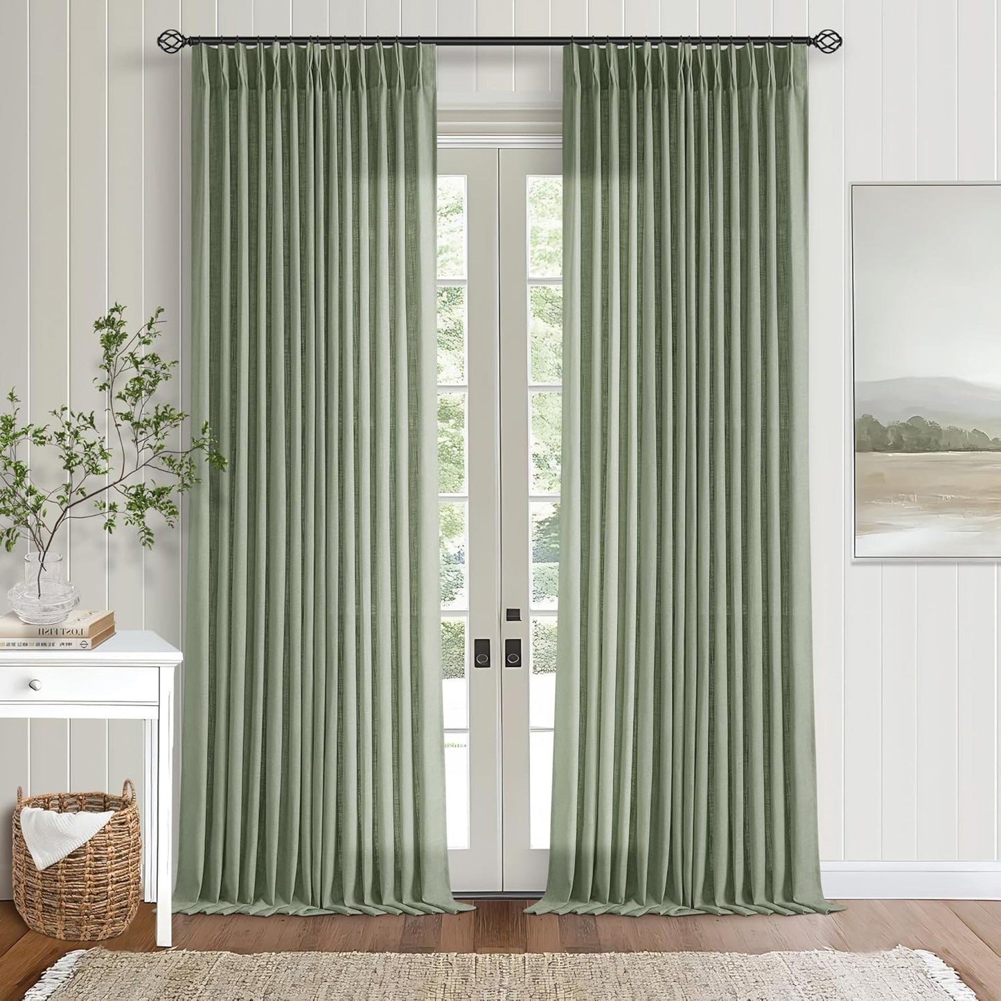 Pinch Pleated Linen Curtains 108" Beige, 2 Panels