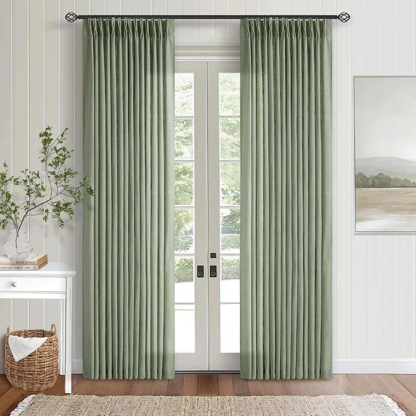 Pinch Pleated Linen Curtains 108" Beige, 2 Panels