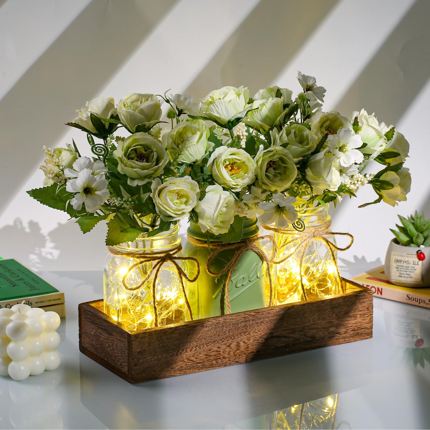 3 Pcs Mason Jar Centerpiece with Tray & Lights – Orange