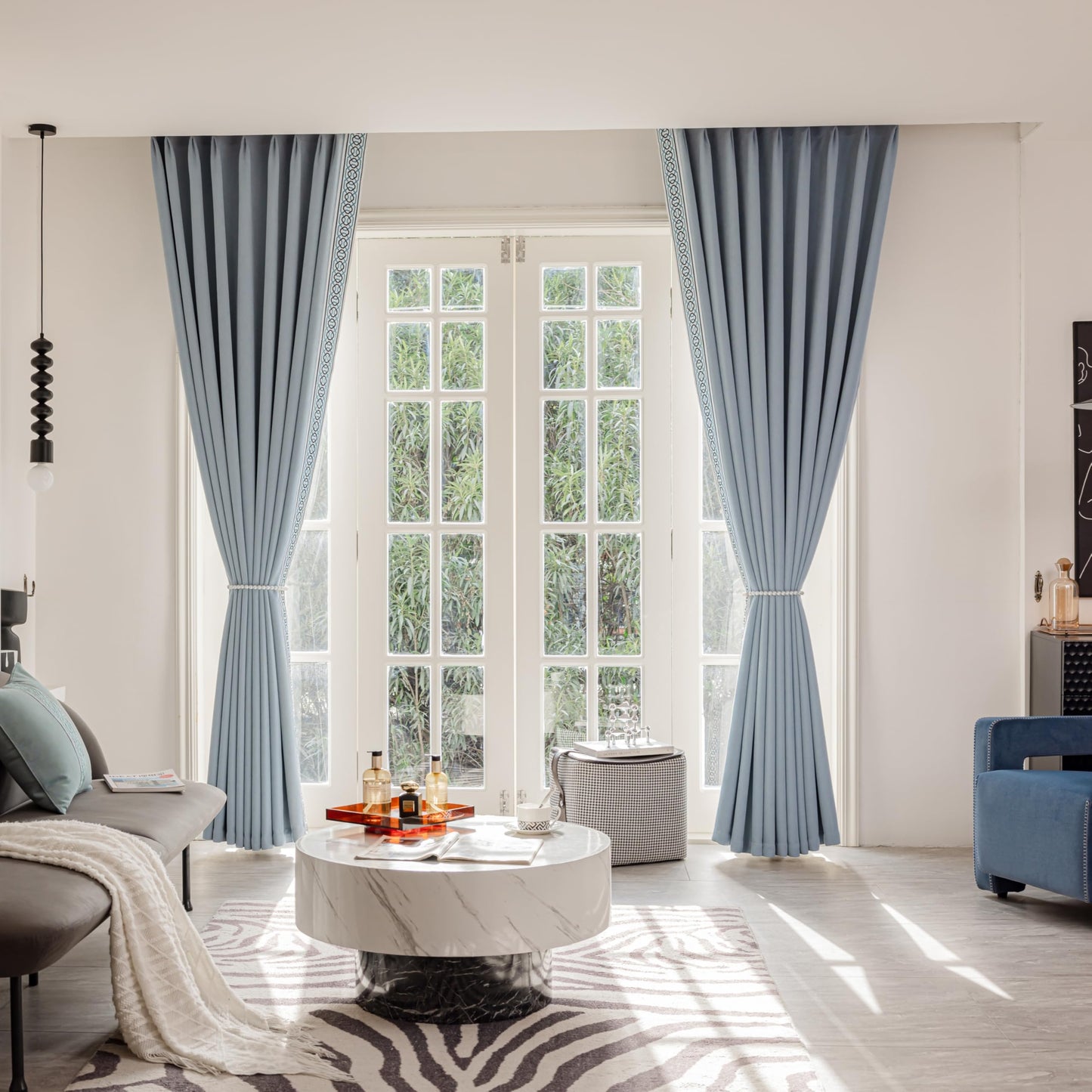 Pinch Pleat Curtains, with Geometric Trim Design