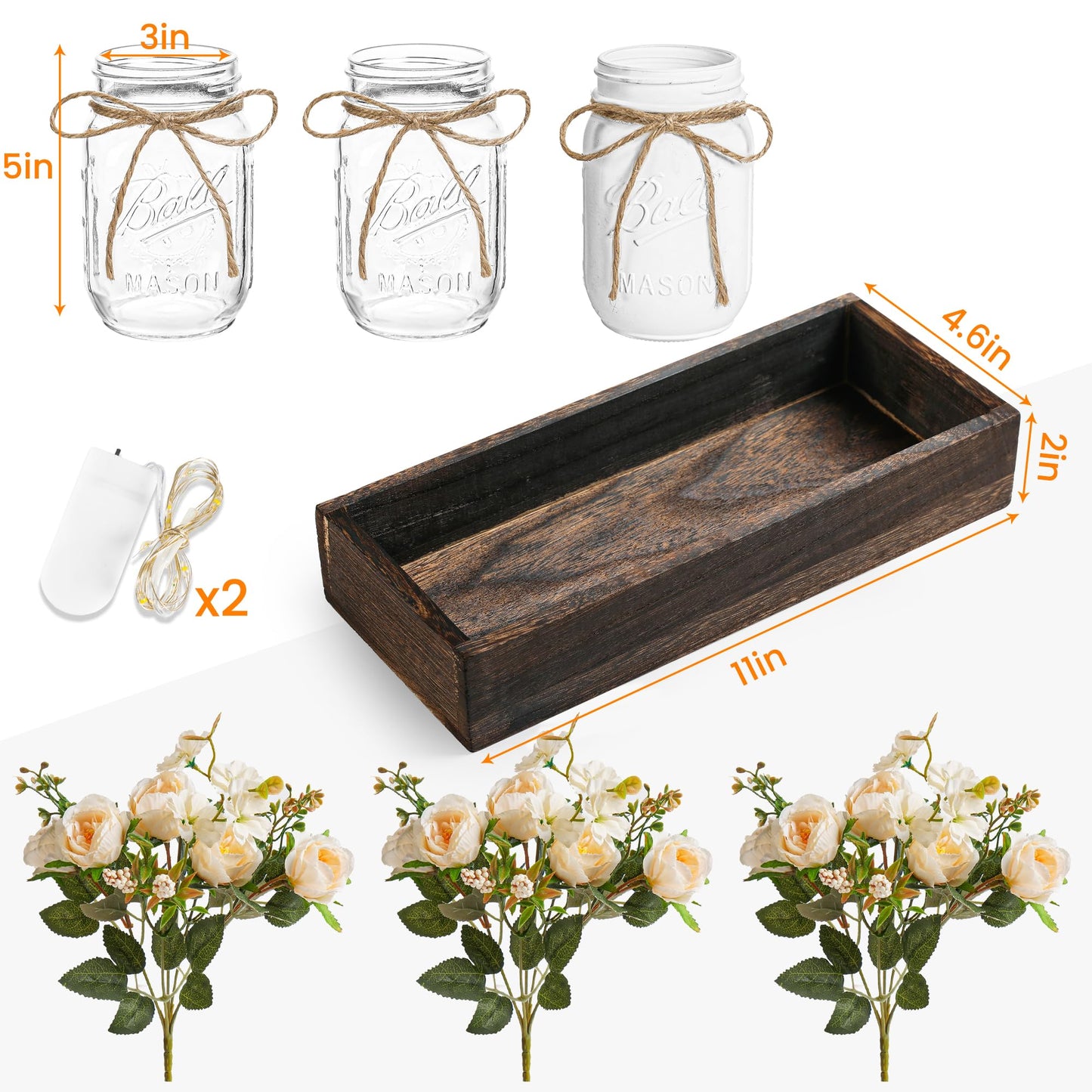 3 Pcs Mason Jar Centerpiece with Tray & Lights – Orange