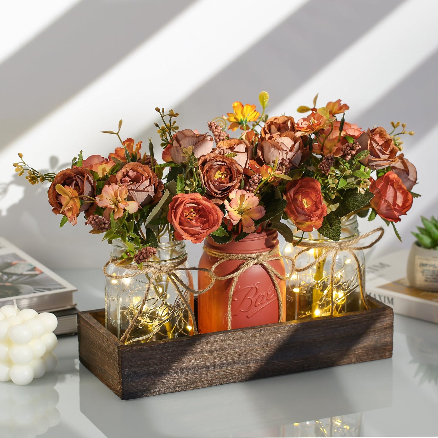 3 Pcs Mason Jar Centerpiece with Tray & Lights – Orange