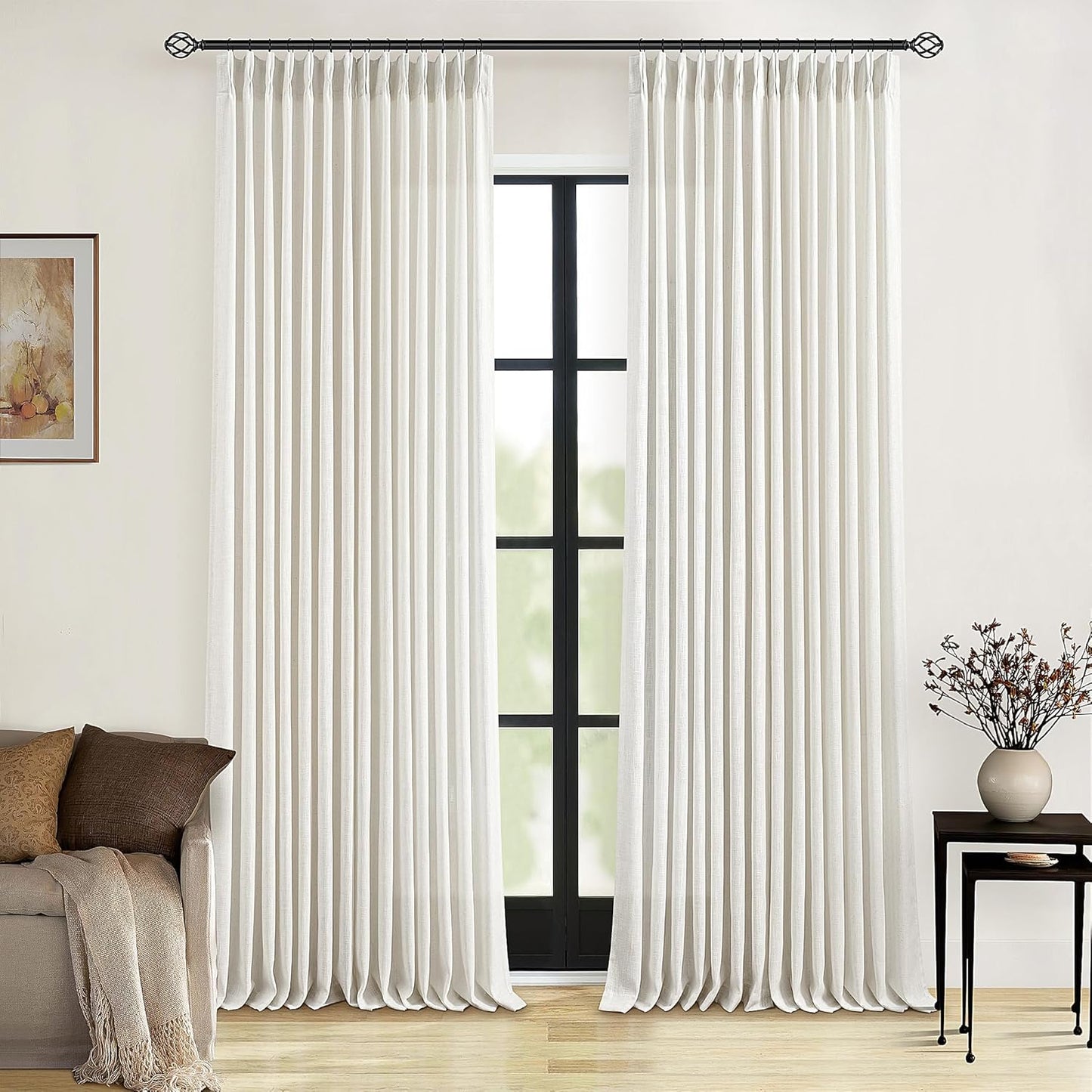 Pinch Pleated Linen Curtains 108" Beige, 2 Panels