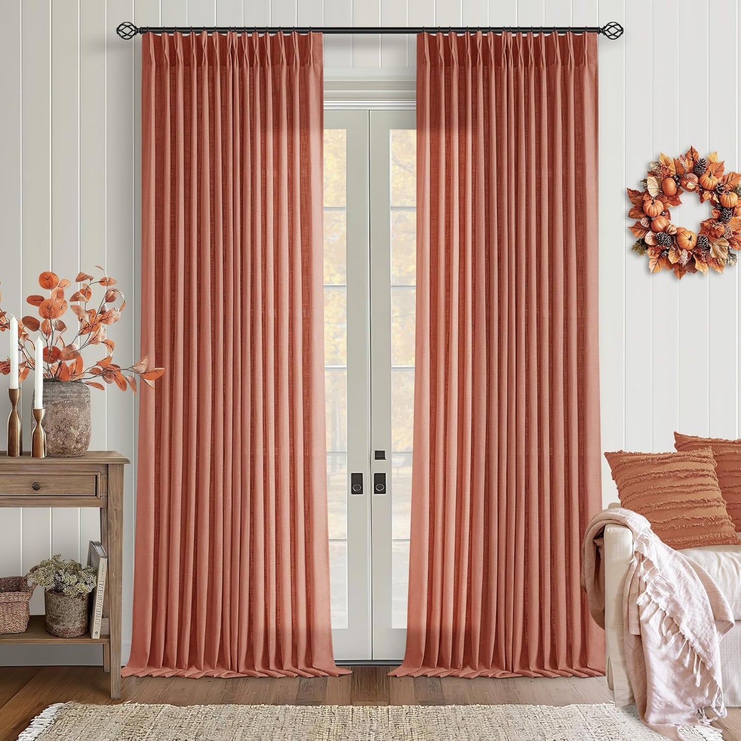 Pinch Pleated Linen Curtains 108" Beige, 2 Panels