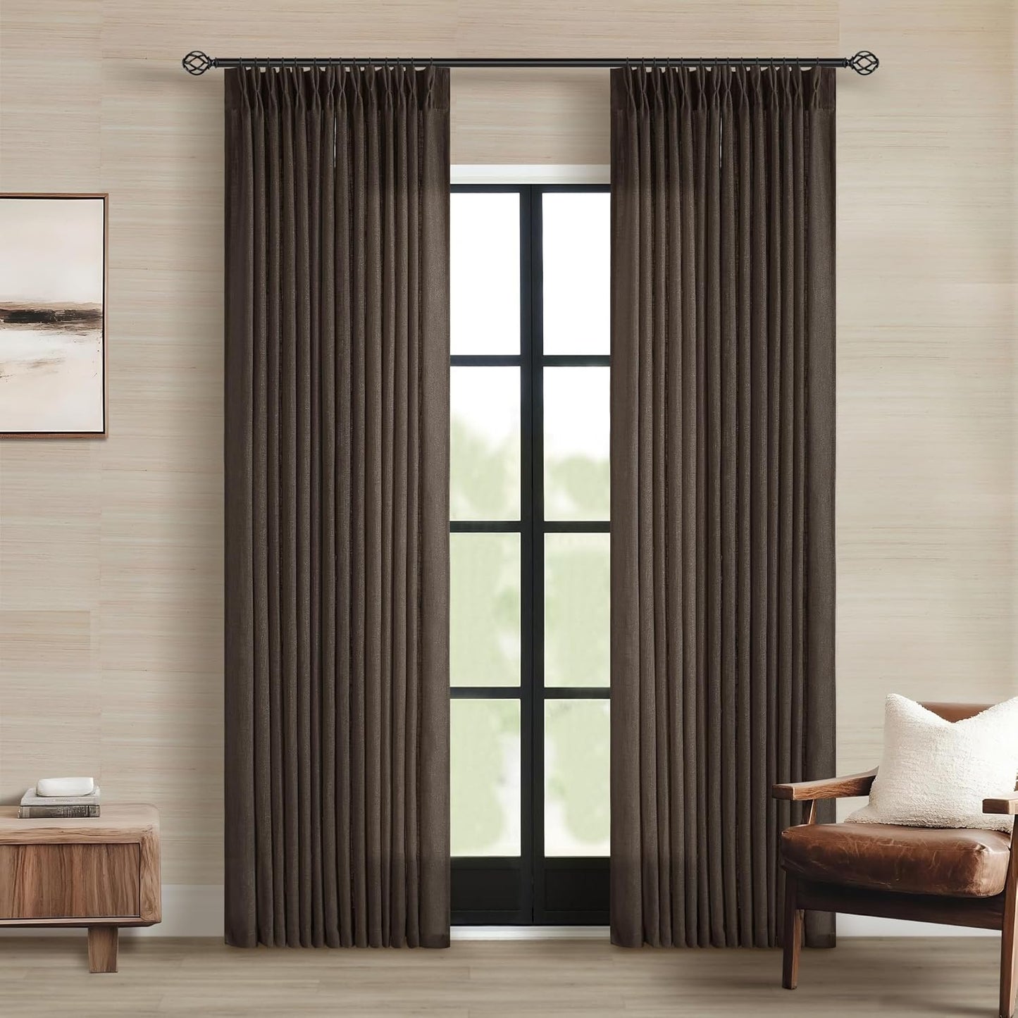 Pinch Pleated Linen Curtains 108" Beige, 2 Panels