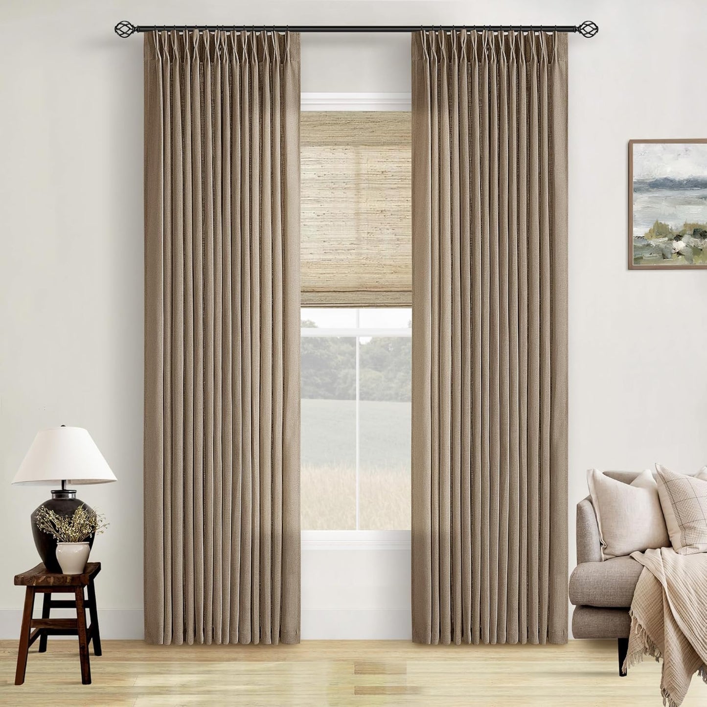 Pinch Pleated Linen Curtains 108" Beige, 2 Panels
