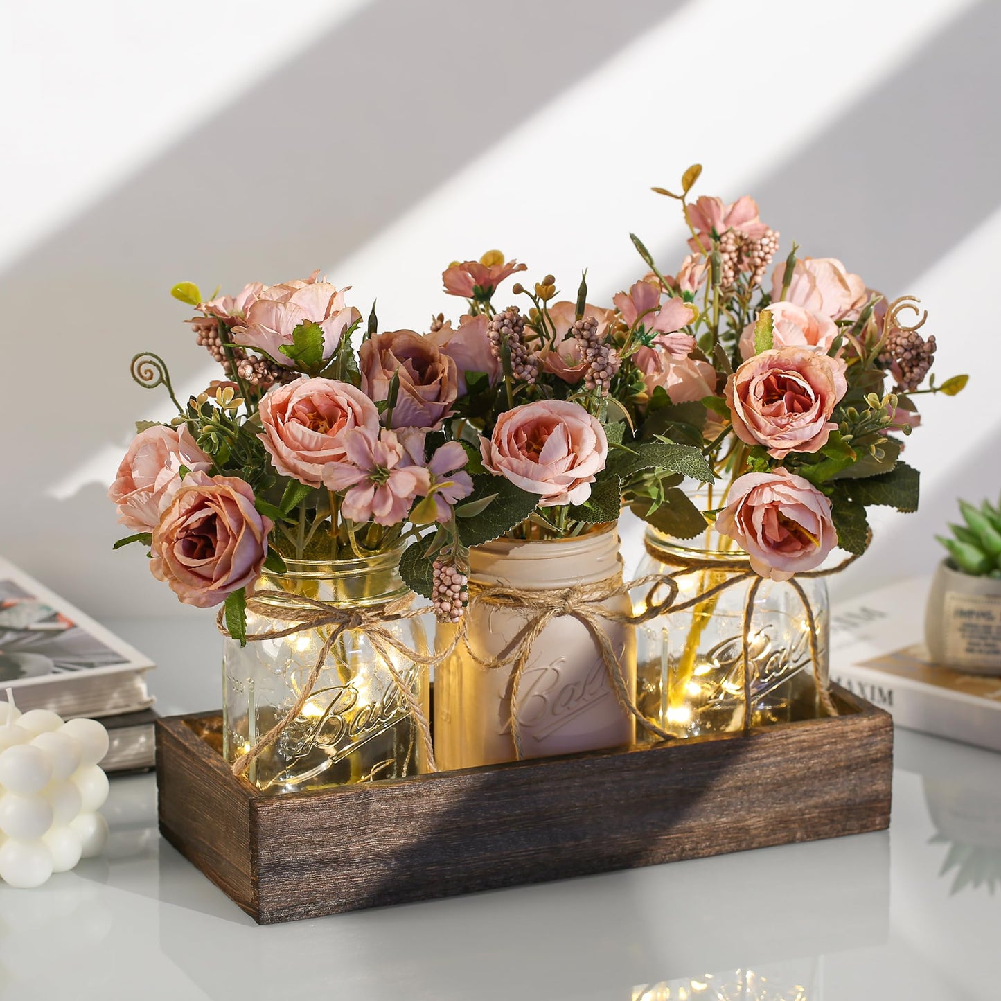 3 Pcs Mason Jar Centerpiece with Tray & Lights – Orange