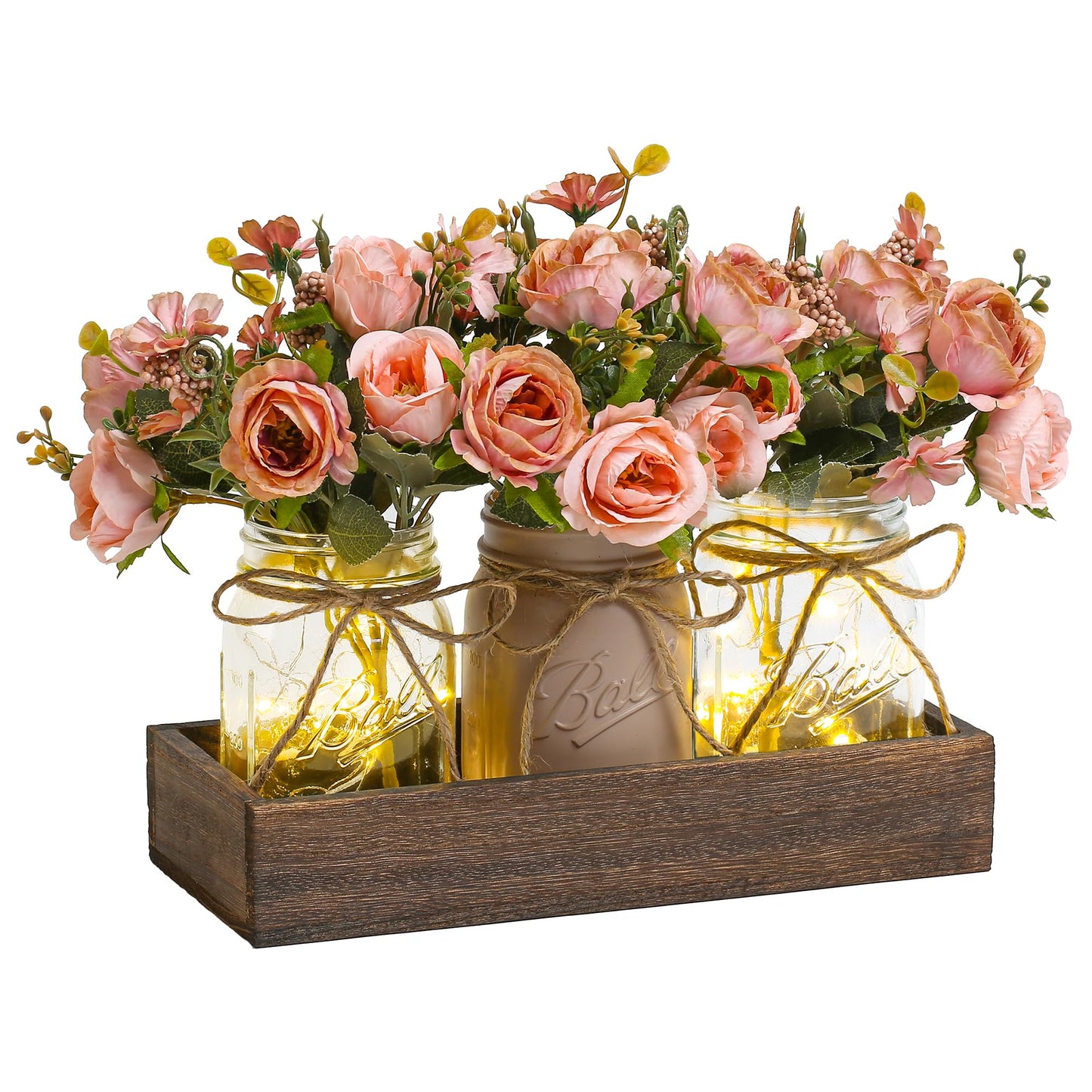 3 Pcs Mason Jar Centerpiece with Tray & Lights – Orange