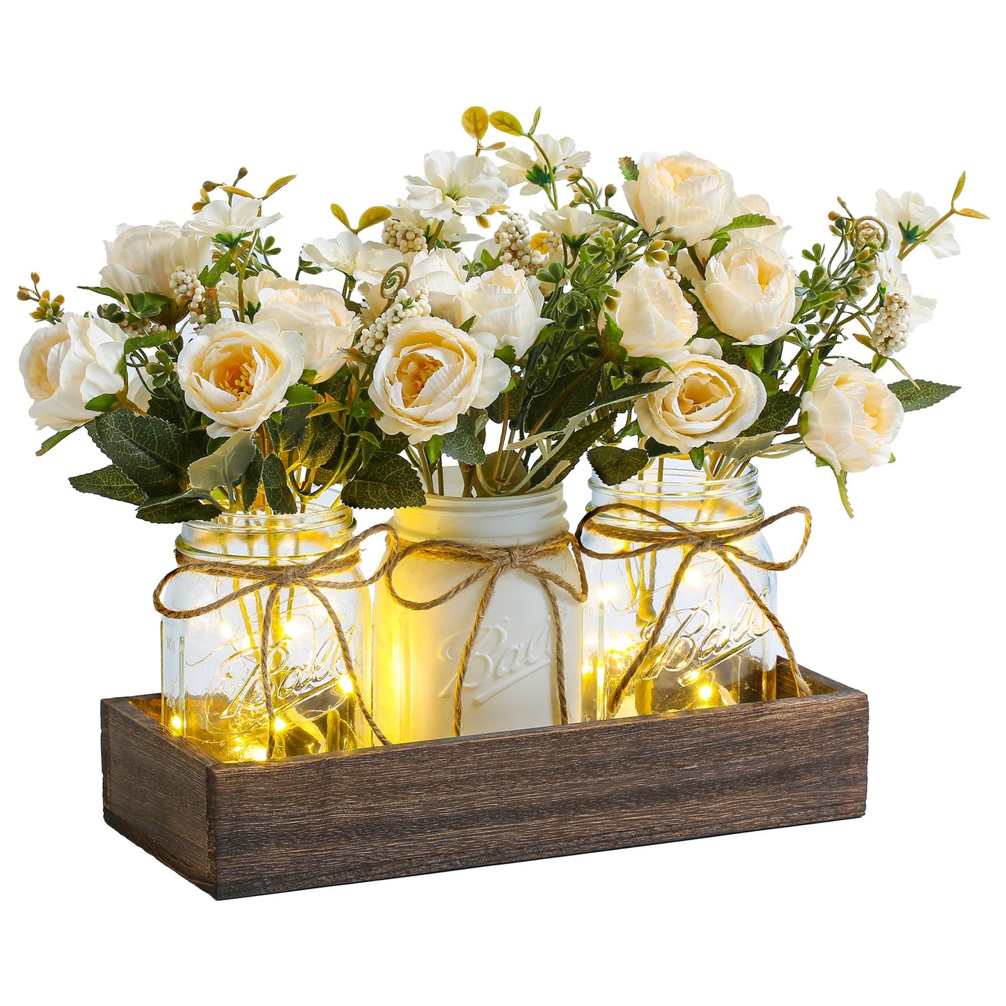 3 Pcs Mason Jar Centerpiece with Tray & Lights – Orange