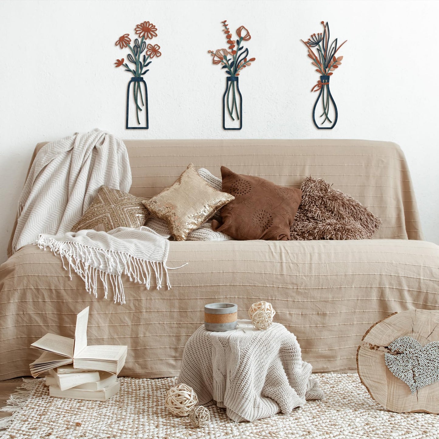 Pigort Metal Flower Wall Art, Beige, 3pcs
