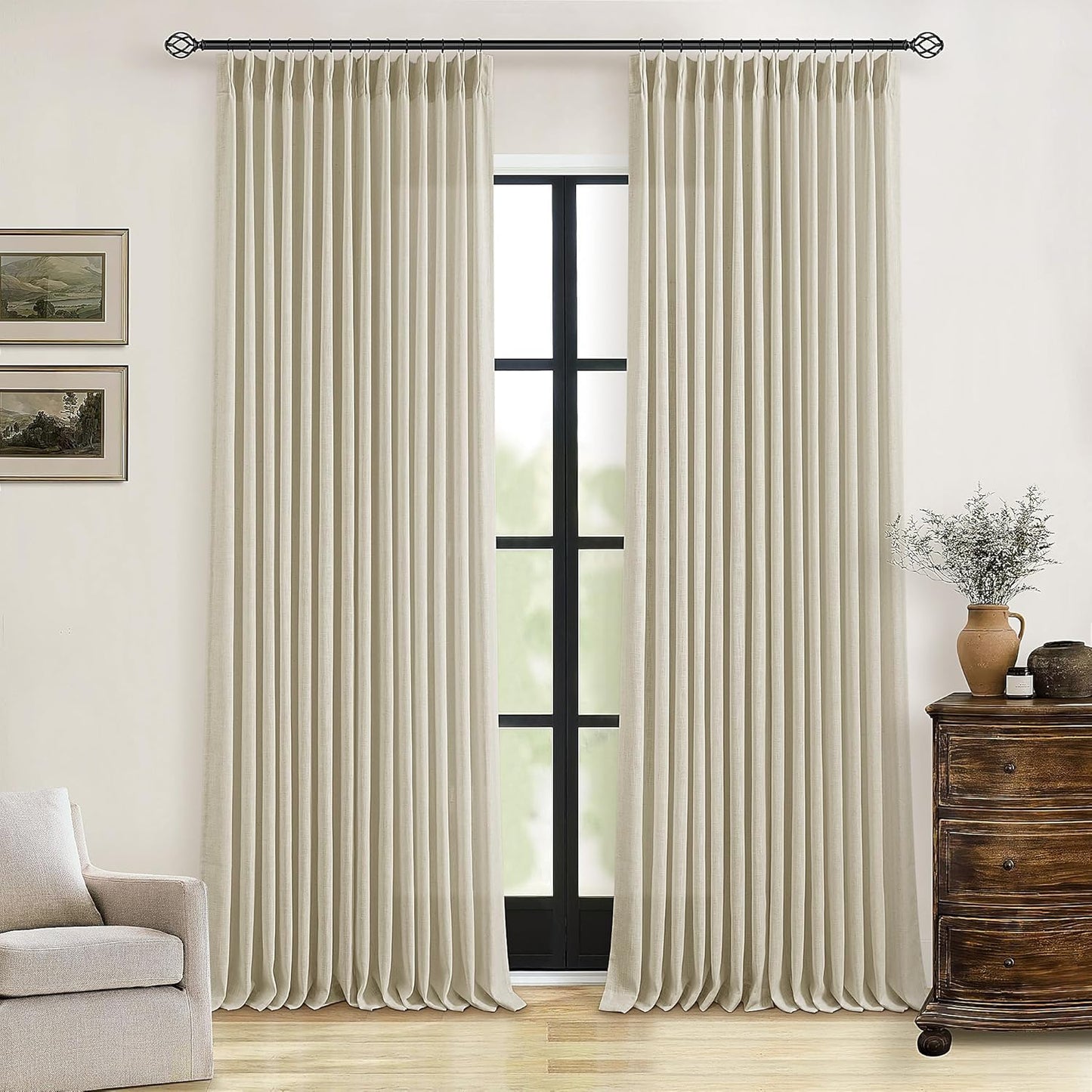Pinch Pleated Linen Curtains 108" Beige, 2 Panels