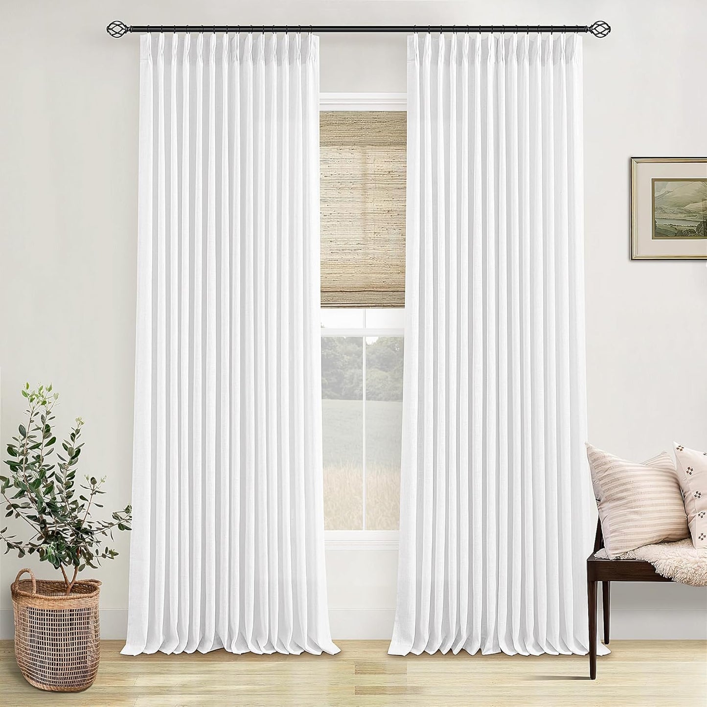 Pinch Pleated Linen Curtains 108" Beige, 2 Panels