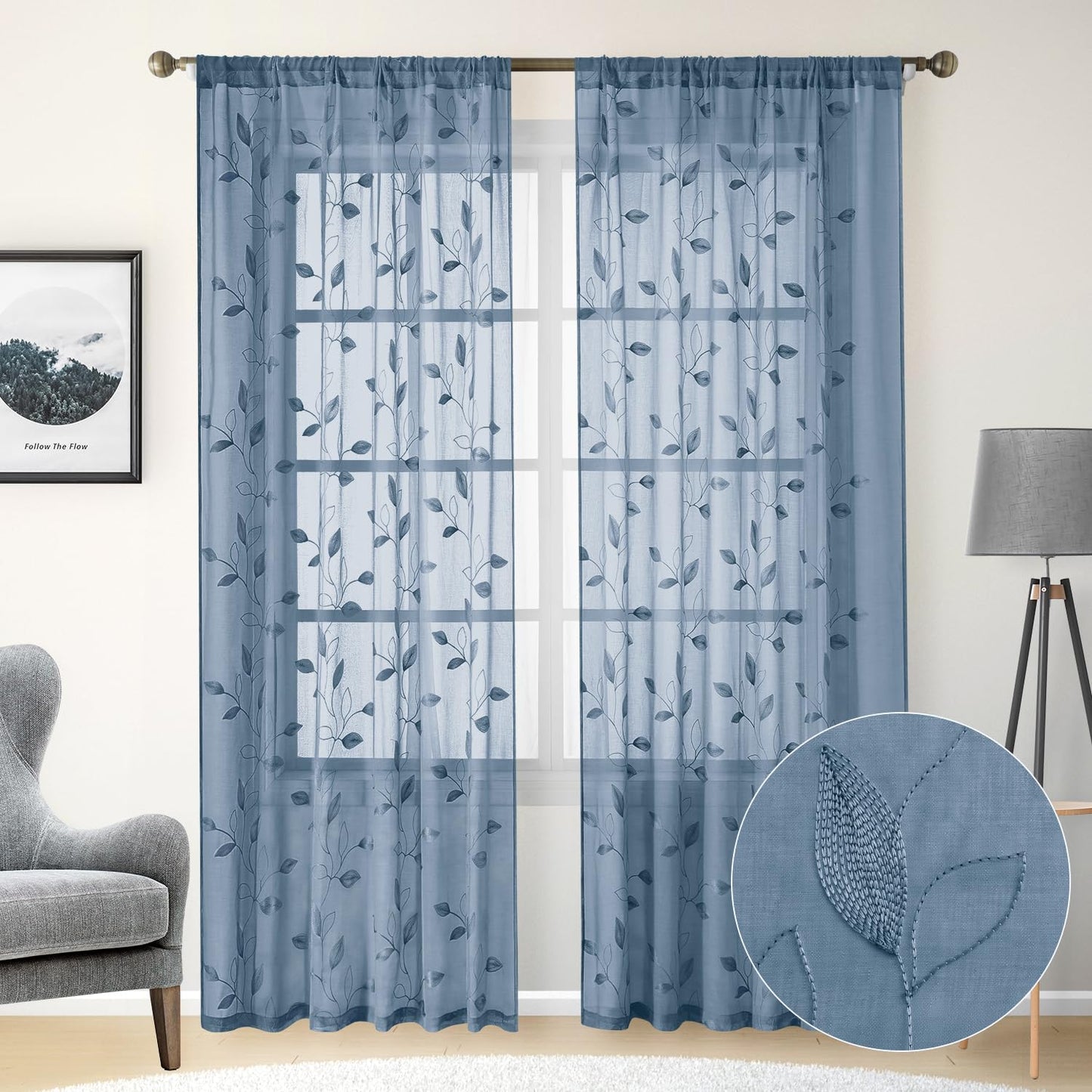 HOMEIDEAS Sheer Curtains 52x63" Green, 2 Panels