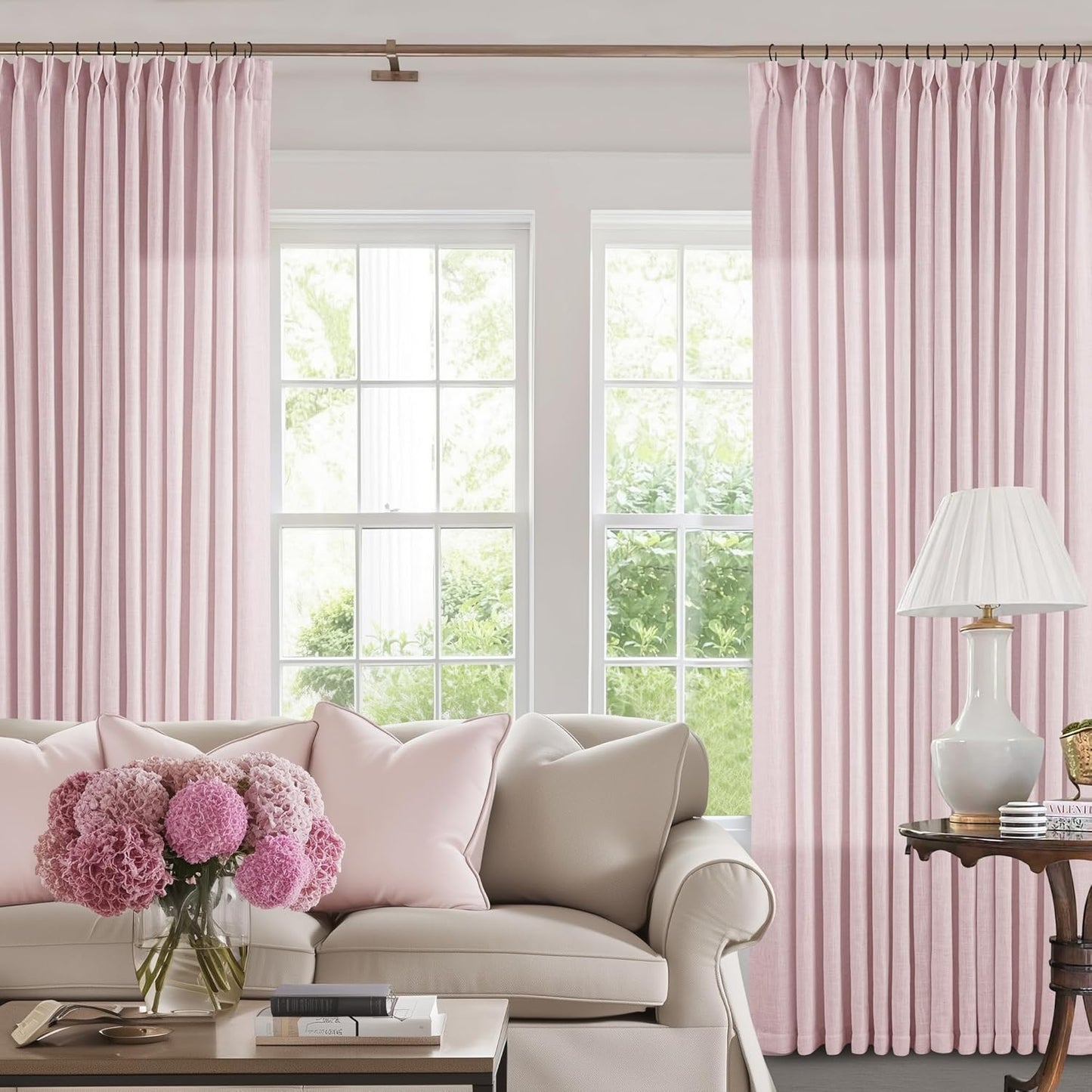 Pinch Pleated Linen Curtains 108" Beige, 2 Panels
