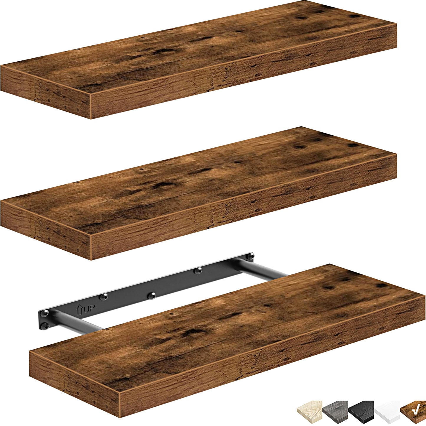 QEEIG Floating Shelves, 3pcs, Rustic Brown