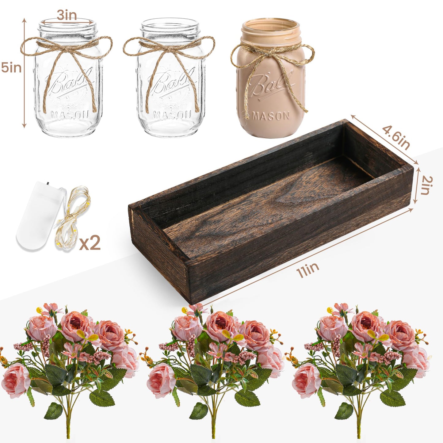 3 Pcs Mason Jar Centerpiece with Tray & Lights – Orange