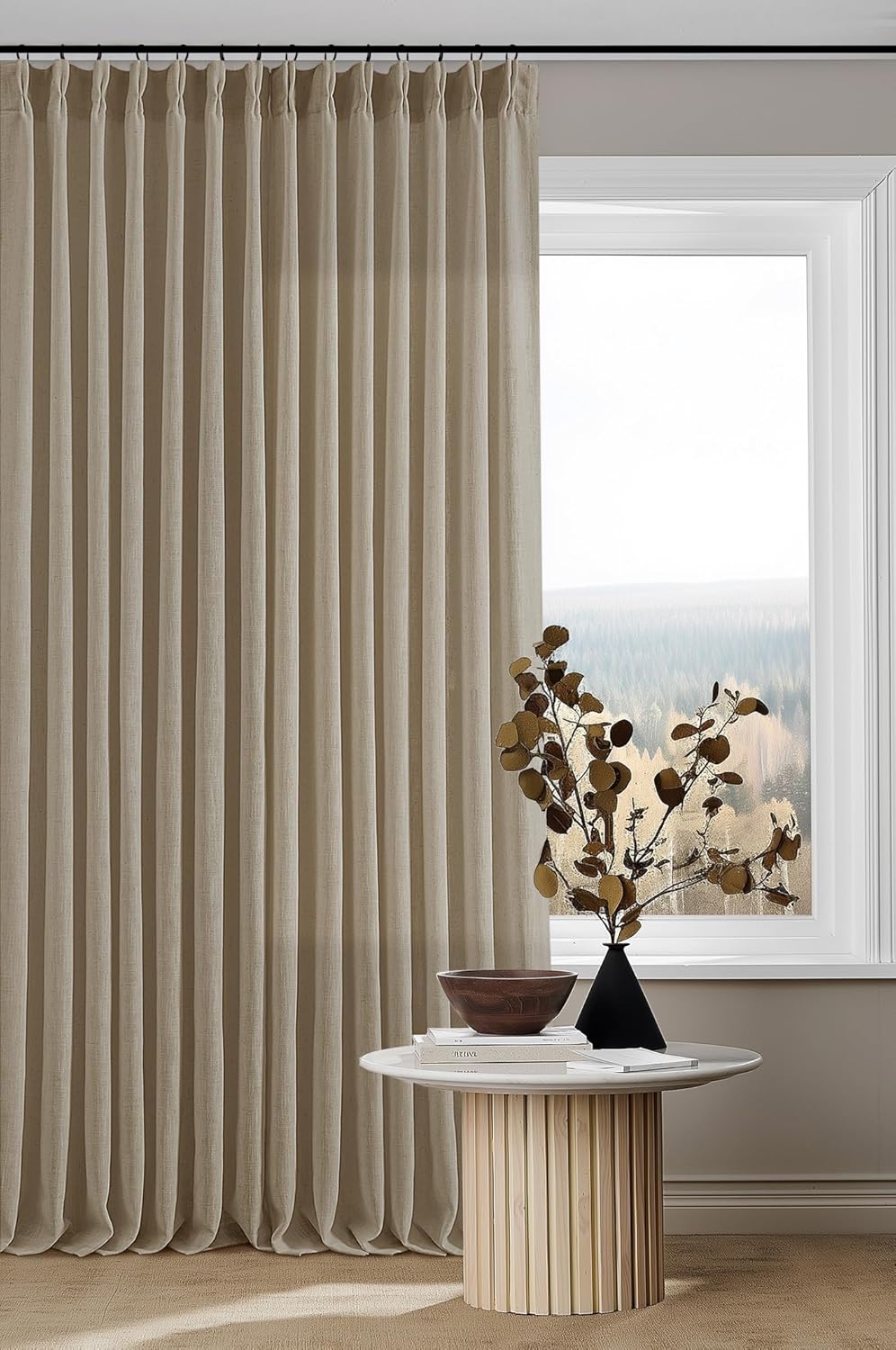 Pinch Pleated Linen Curtains 108" Beige, 2 Panels