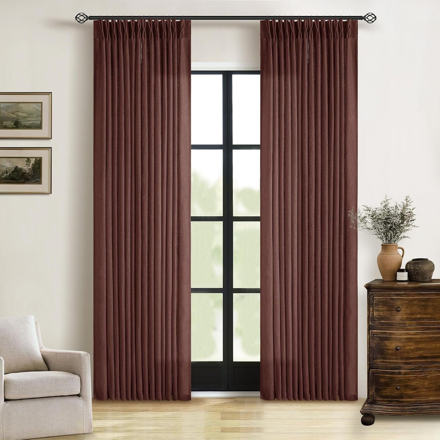 Pinch Pleated Linen Curtains 108" Beige, 2 Panels